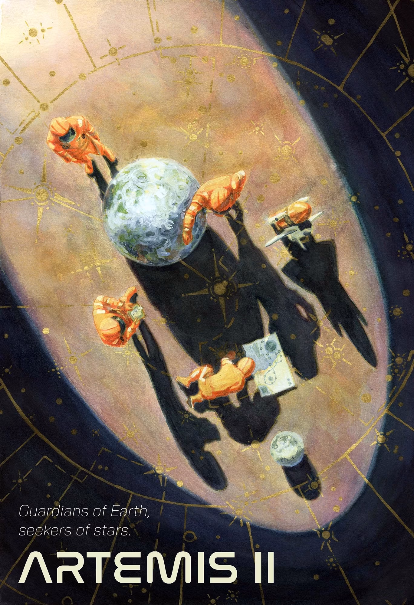 Poster depicting five astronauts performing various calculations and reporting against the backdrop of a large Earth-like globe and star charts across the floor. The text "Guardians of Earth, seekers of stars. Artemis II." is overlaid in the bottom left corner.