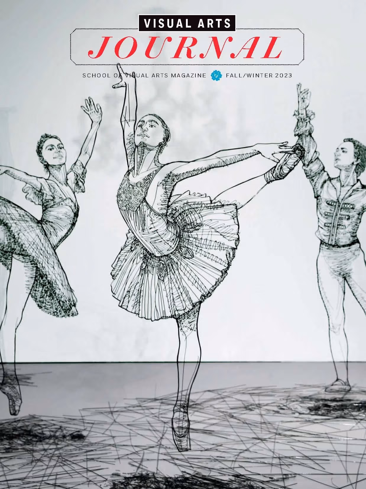 A magazine cover consisting of a photograph of an installation of three sculptures. All are made with wire and are of ballet dancers in the midst of performing.
