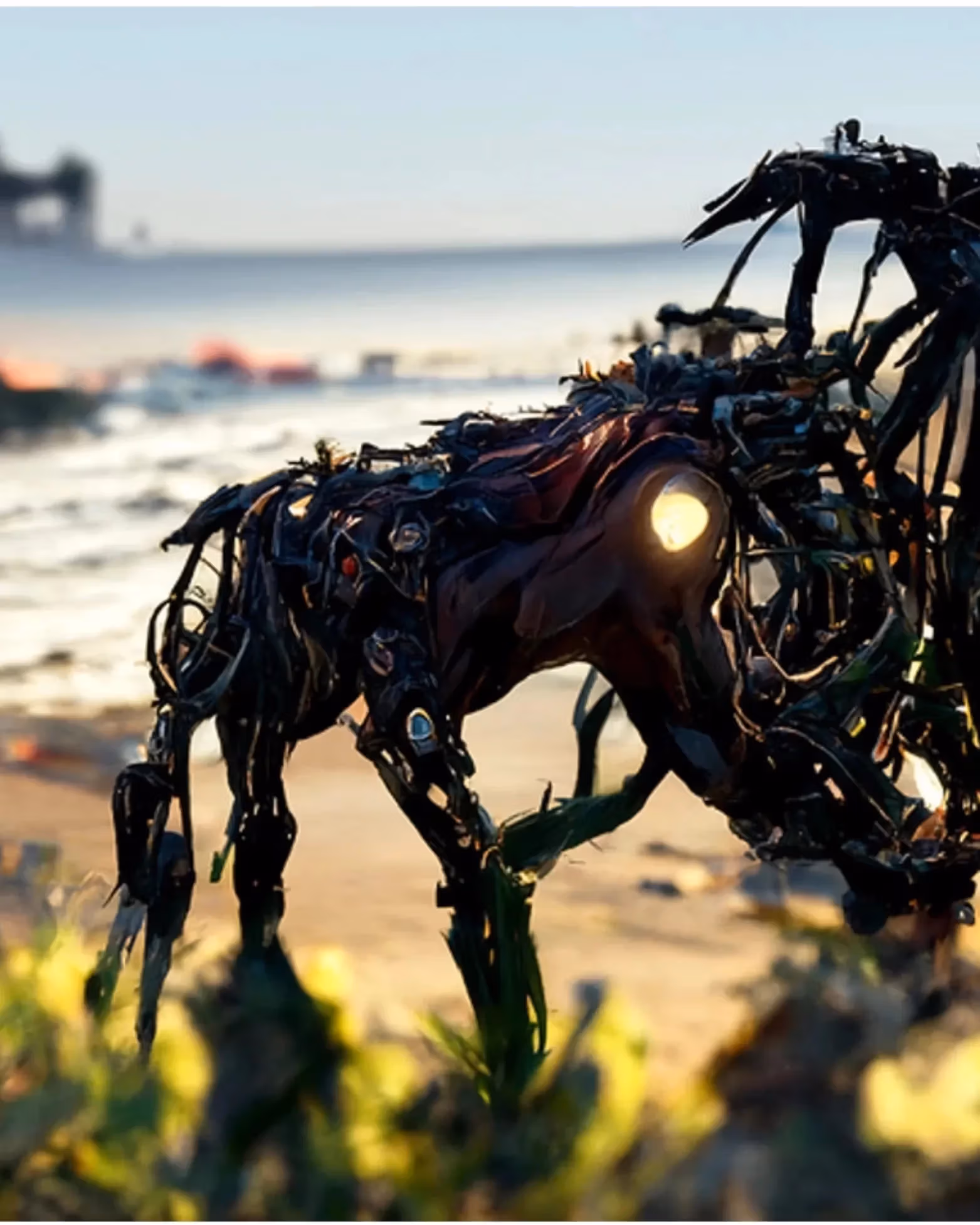 A horse made of metal and other mechanical bits at what seems to be a seashore with some green foliage and structures in the back. It seems to be daytime.