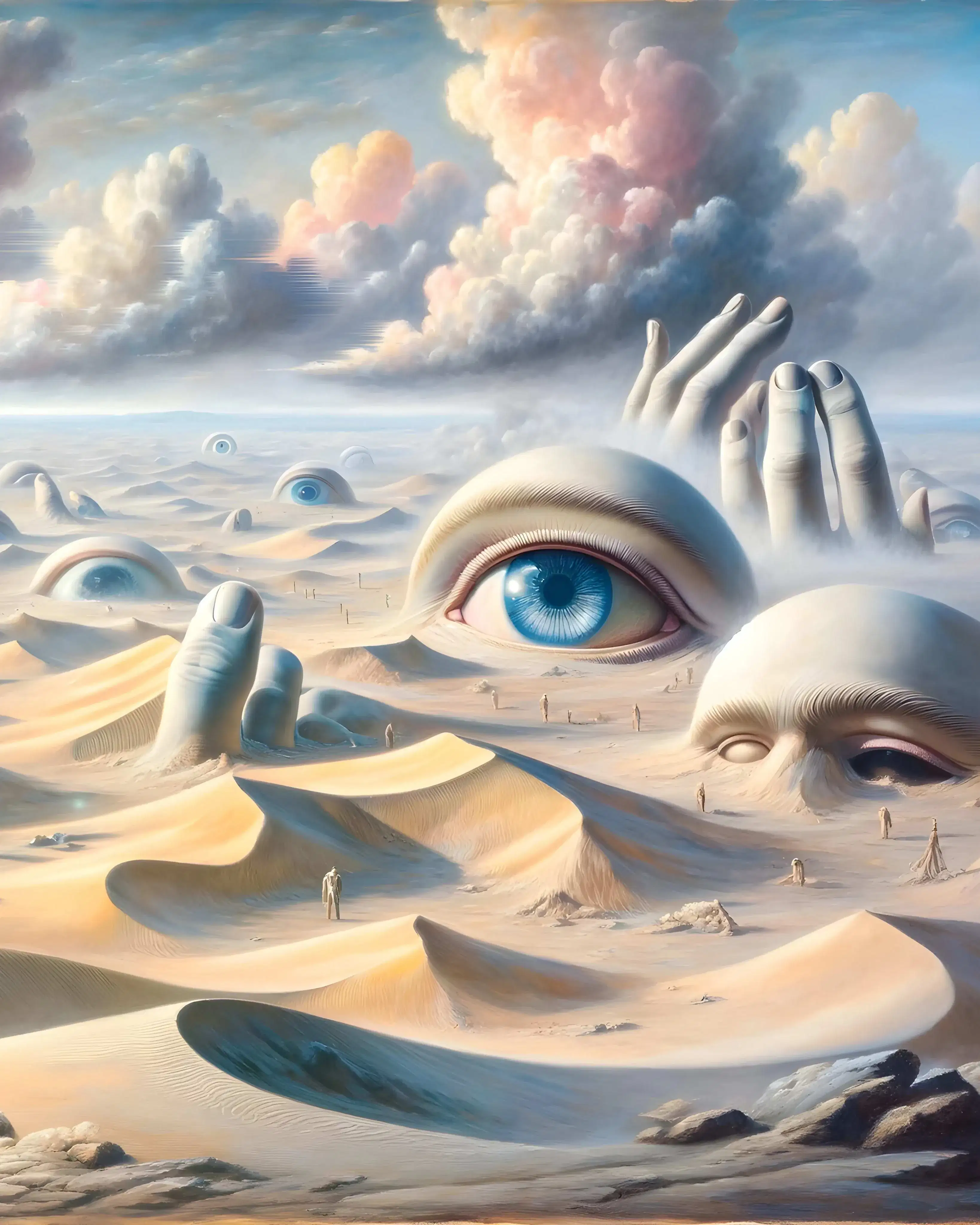 A clearly AI generated image of a sand dunes from which eyes, heads, and fingers peek out of. There are colorful clouds in the blue sky and one of the hands is reaching out to touch what looks like the sun. 