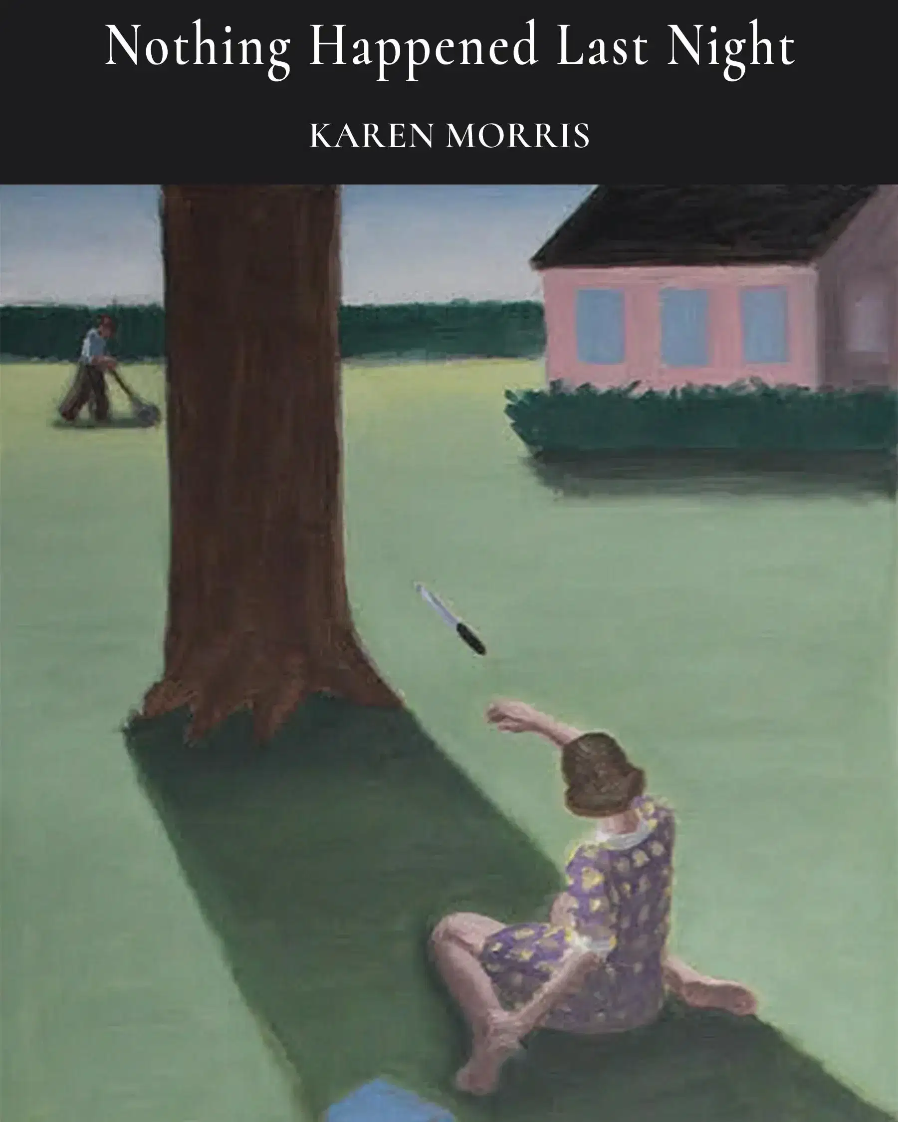 A painting of a woman throwing a knife at a tree trunk while a man works on the lawn in the background.
