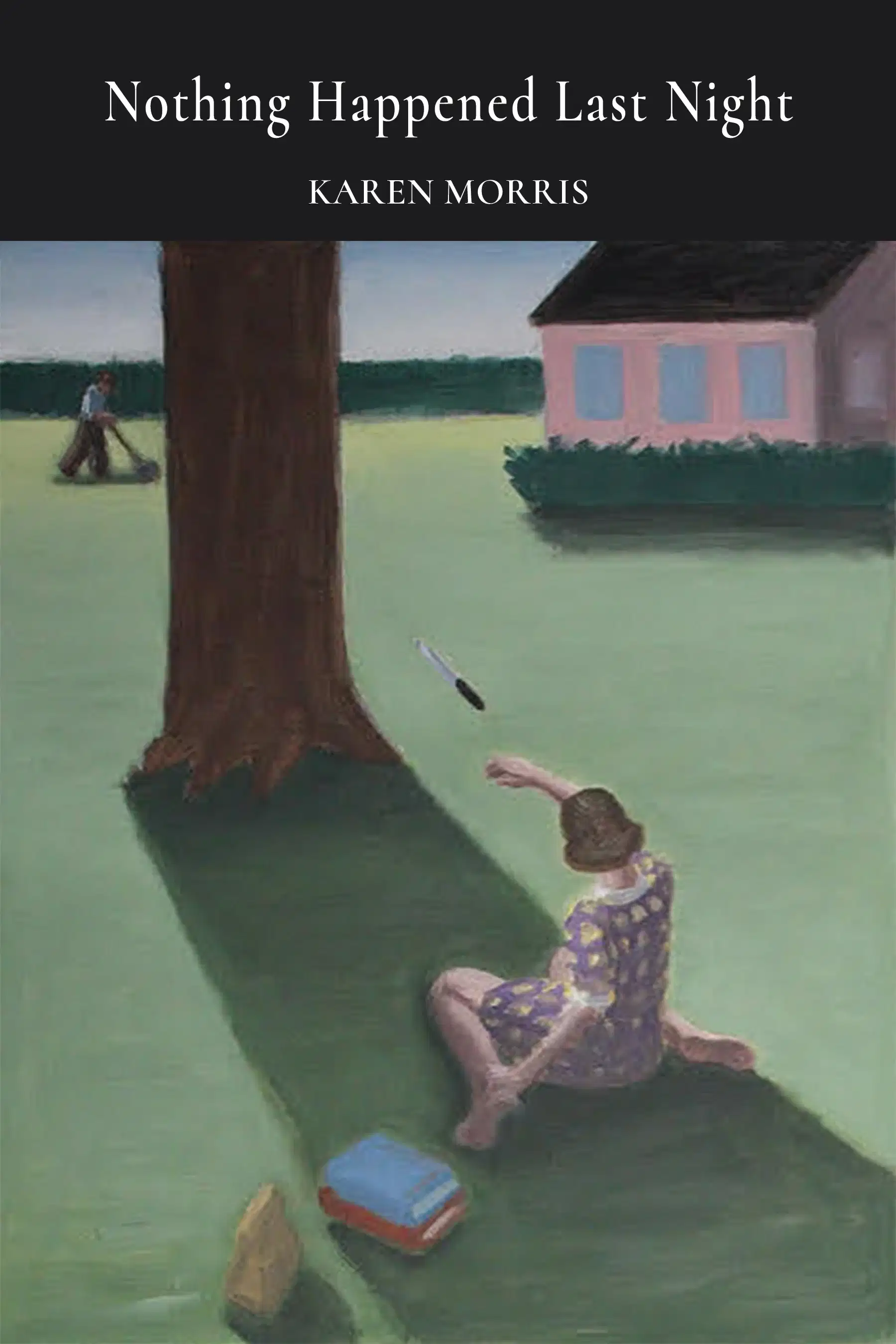 A painting of a woman throwing a knife at a tree trunk while a man works on the lawn in the background.