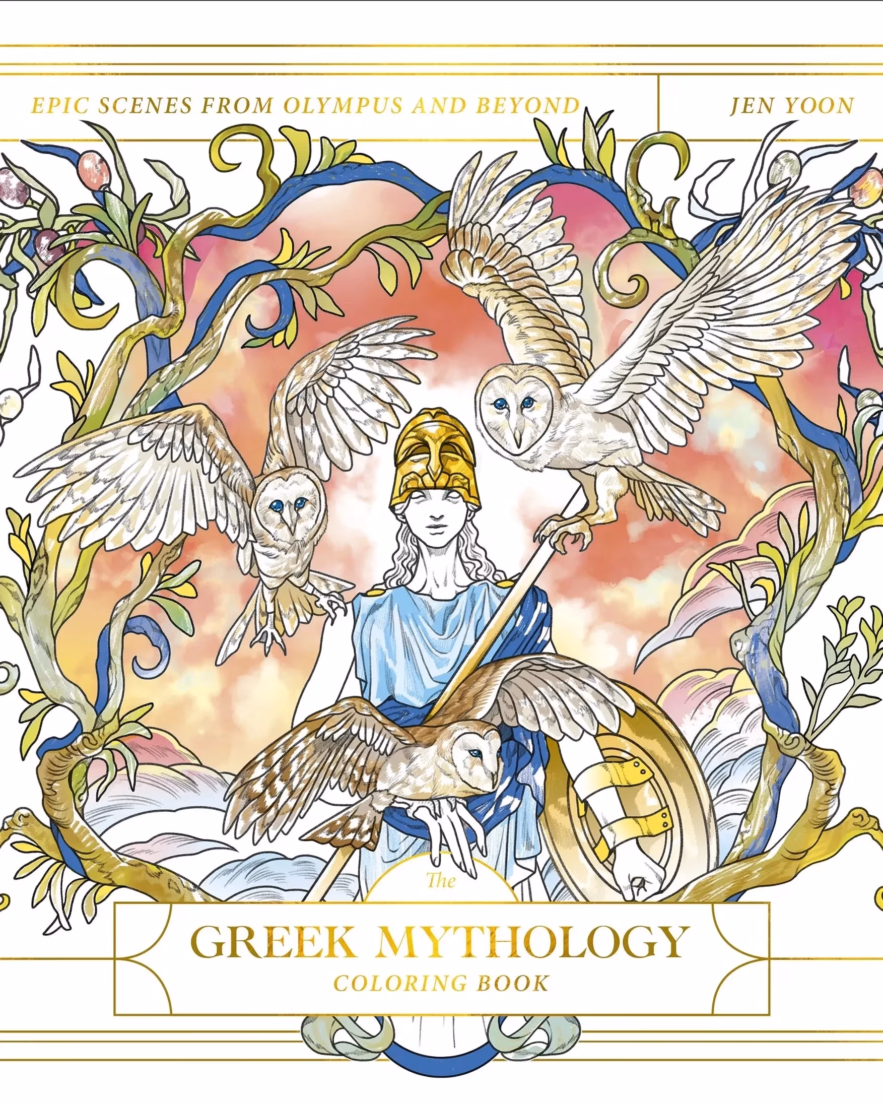 An illustration of Athena with three owls in an olive branch frame. The words, "Greek Mythology Coloring Book" are at the bottom.