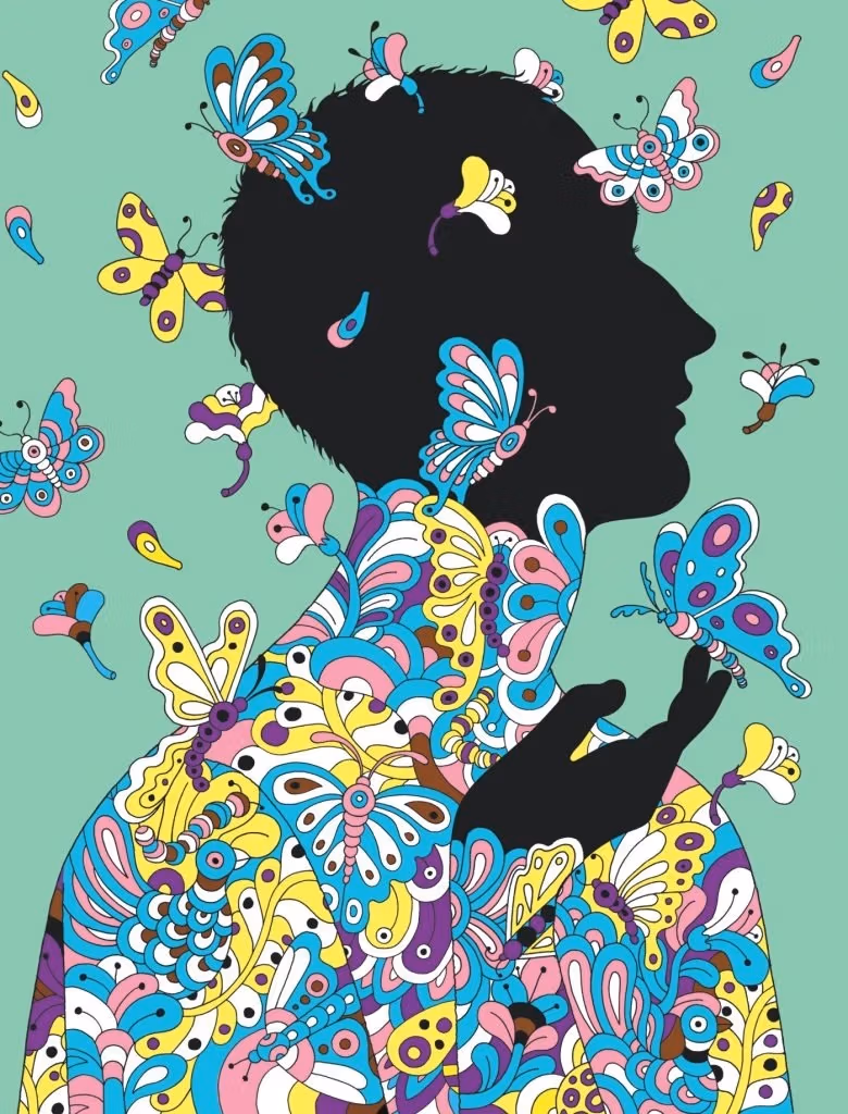 a black profile silhouette of a person with short hair with a shirt made of colorful butterflies that are flying away around the figure