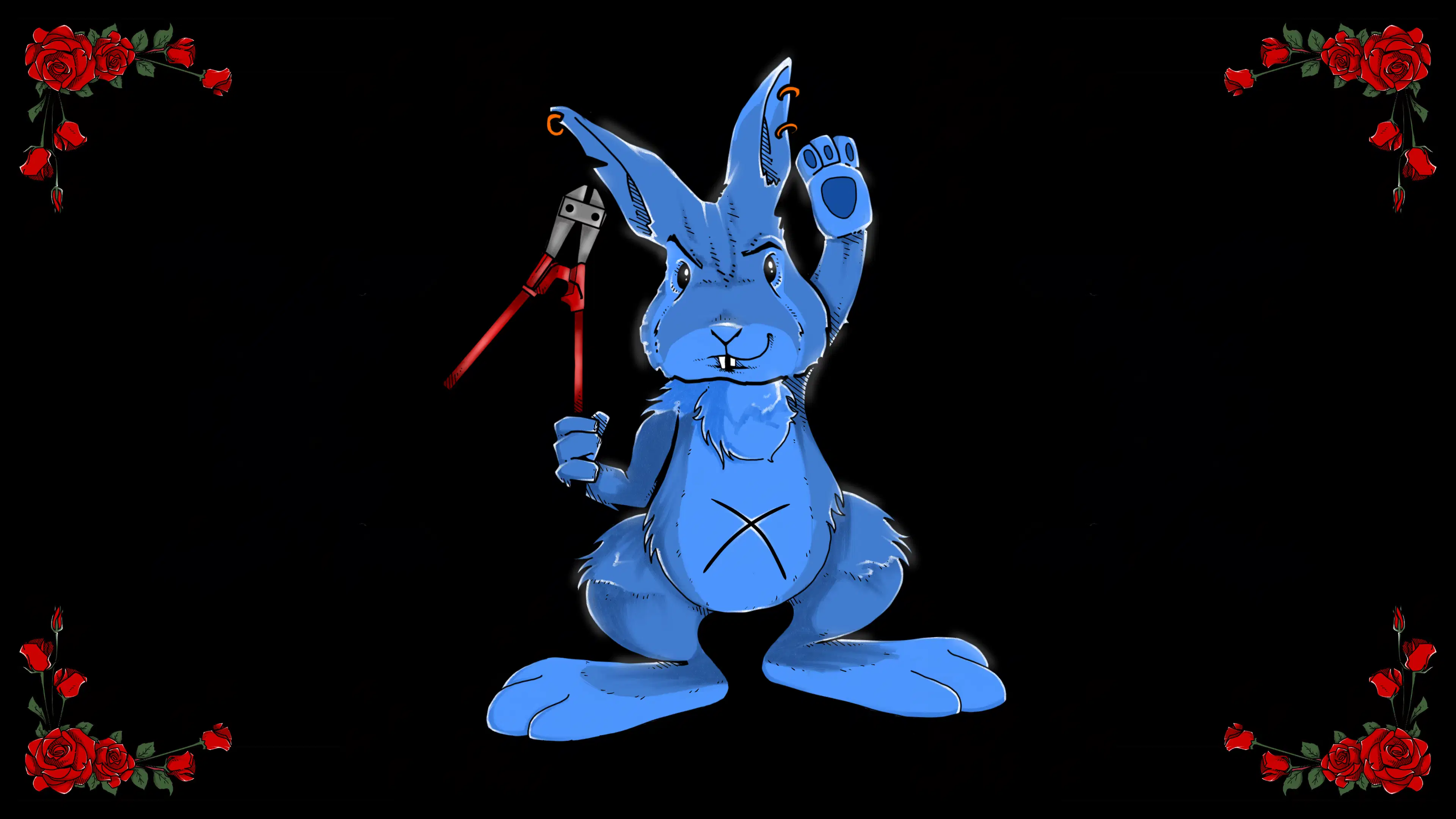 Blue rabbit with bolt cutter in hand