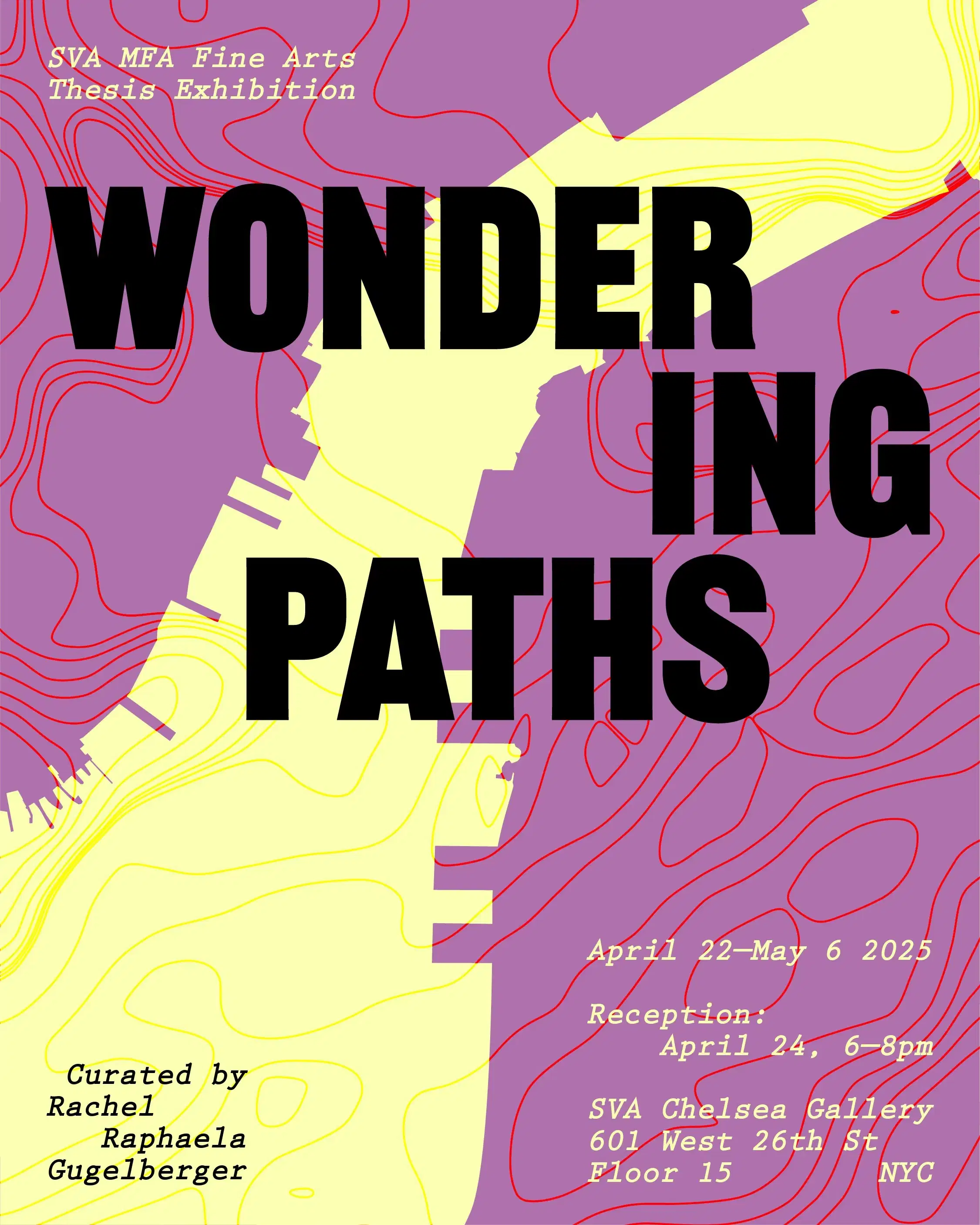 Light purple background with a yellow meandering path through, from the bottom left to top right, with the suggestion of a river. The purple has thin red lines through it. Large black text says "WONDERING PATHS" with the show details.