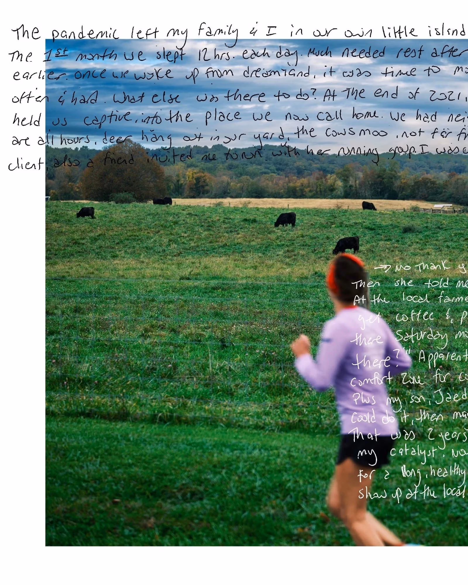 A photo of a woman running in a field, writing is overlaid on top
