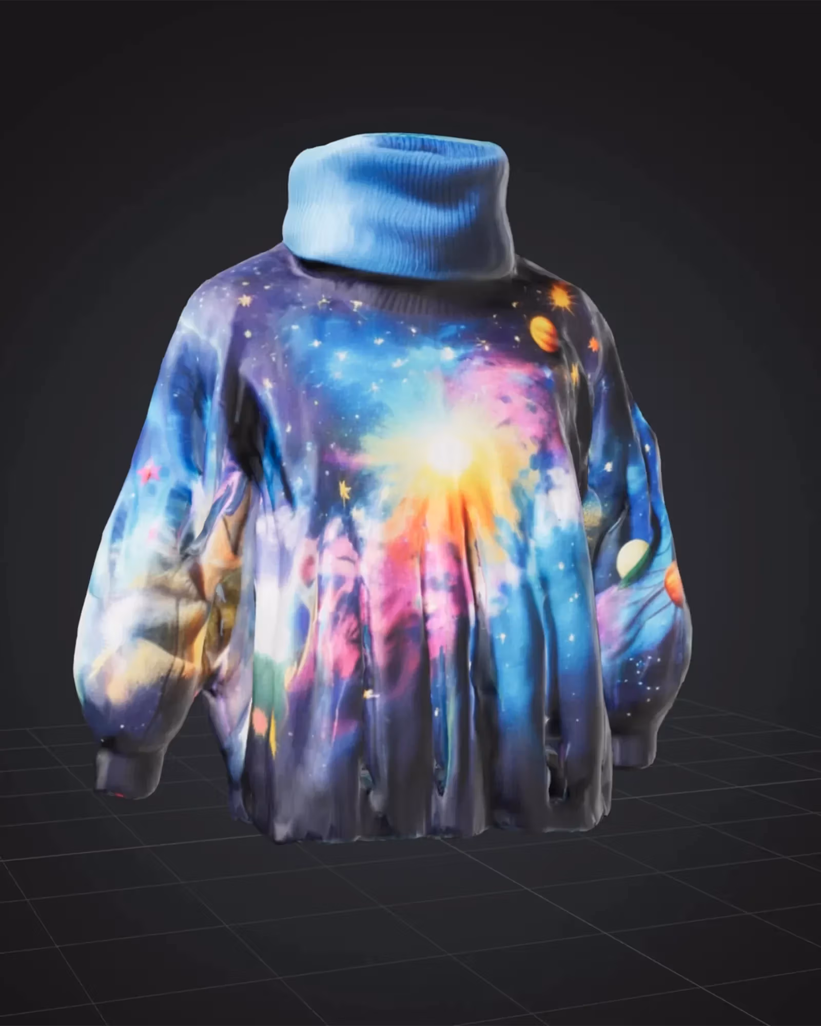 An AI generated image of a turtleneck sweater with a galaxy print. It's a lot more vibrant and colorful than the front.