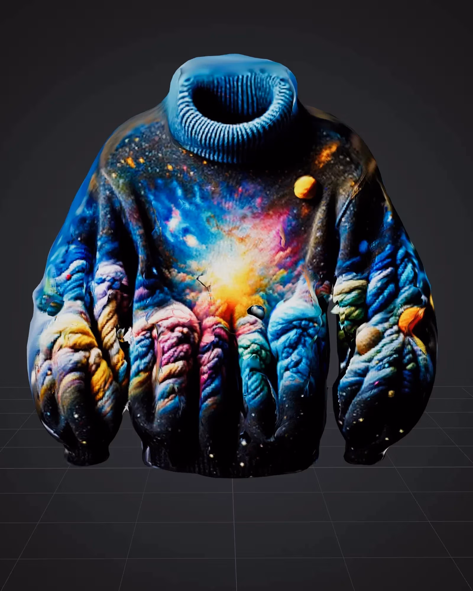 The front of a baggy turtleneck sweater with a galaxy print design. It's primarily blue and black but with bright colors towards the middle.
