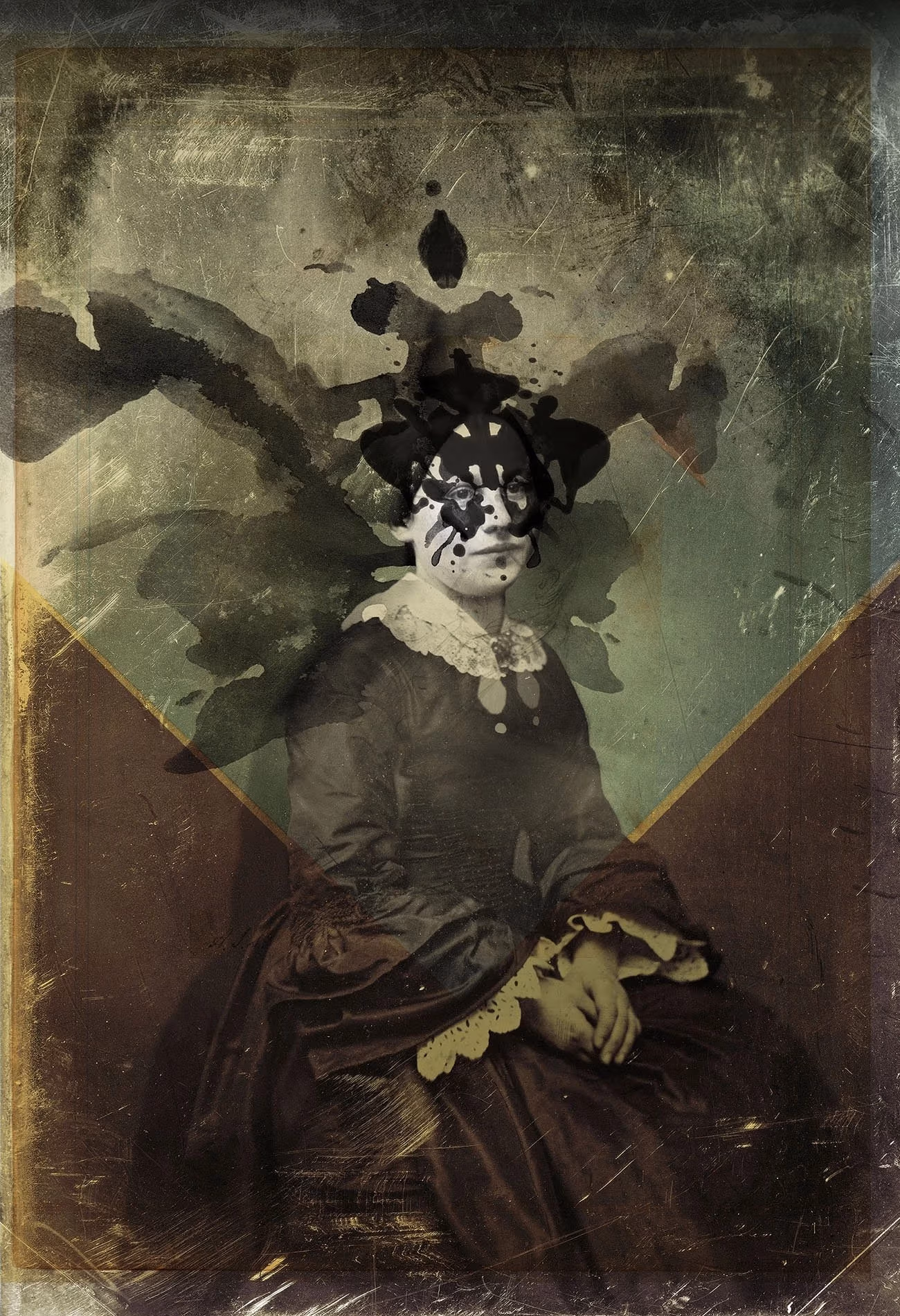 A photograph of a little girl in a Victorian dress with what resembles a Rorschach ink blot on her face and behind her, almost like wings.