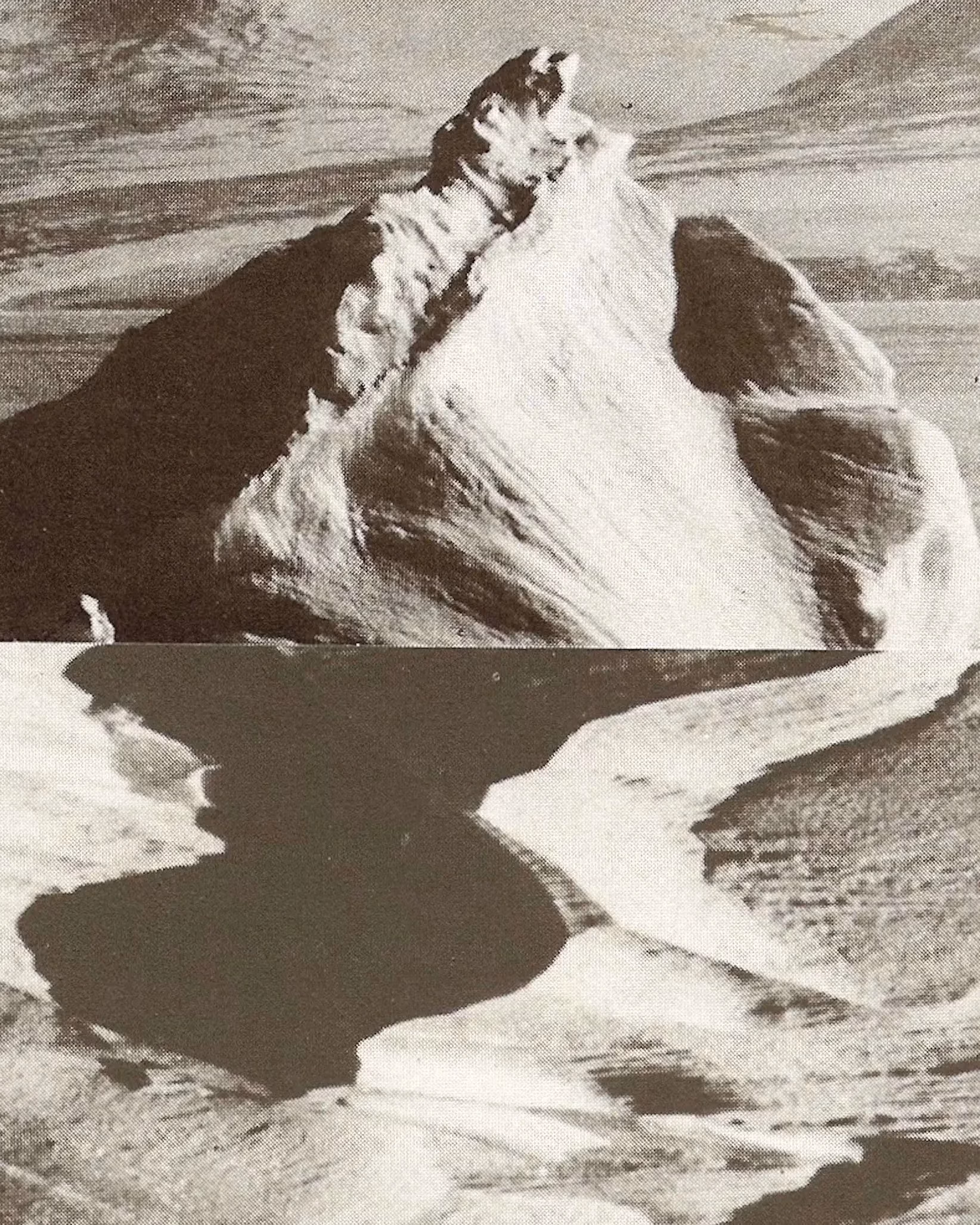 Black and white textured photograph of a mountainous landscape