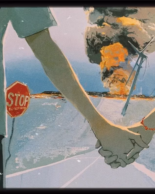 A painting depicting two individuals holding hands, with a burning building looming in the background.