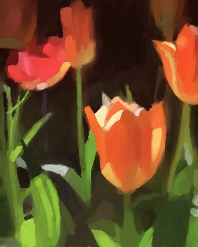 Inkjet print of a painterly digital drawing of red tulips on a black background. 