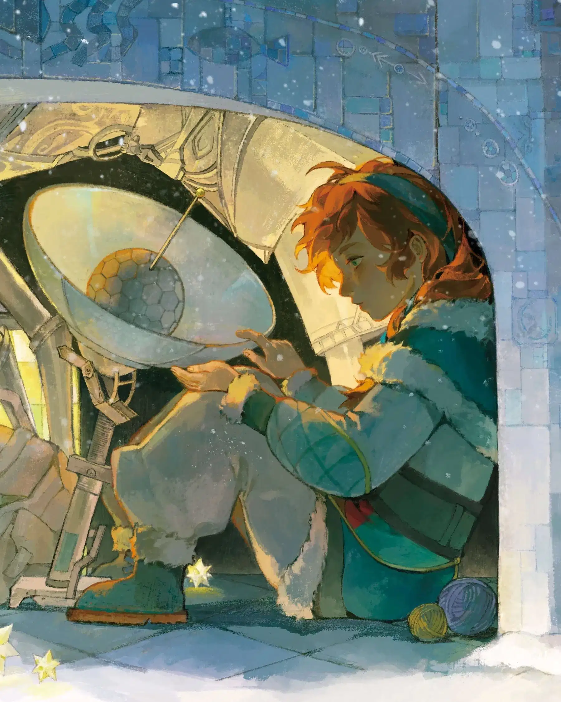  A sits in a snowy atmosphere with lanterns and technology..