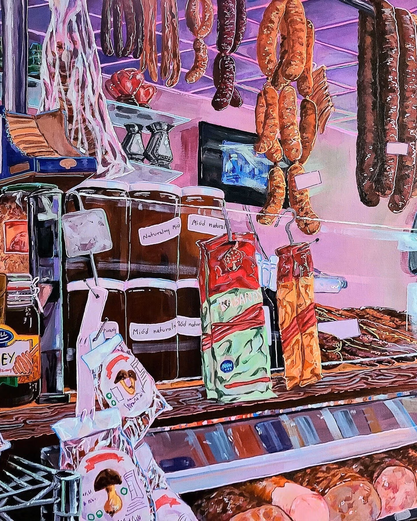 Painting showing a deli counter crowded with canned goods and products, with sausage hanging from the ceiling.