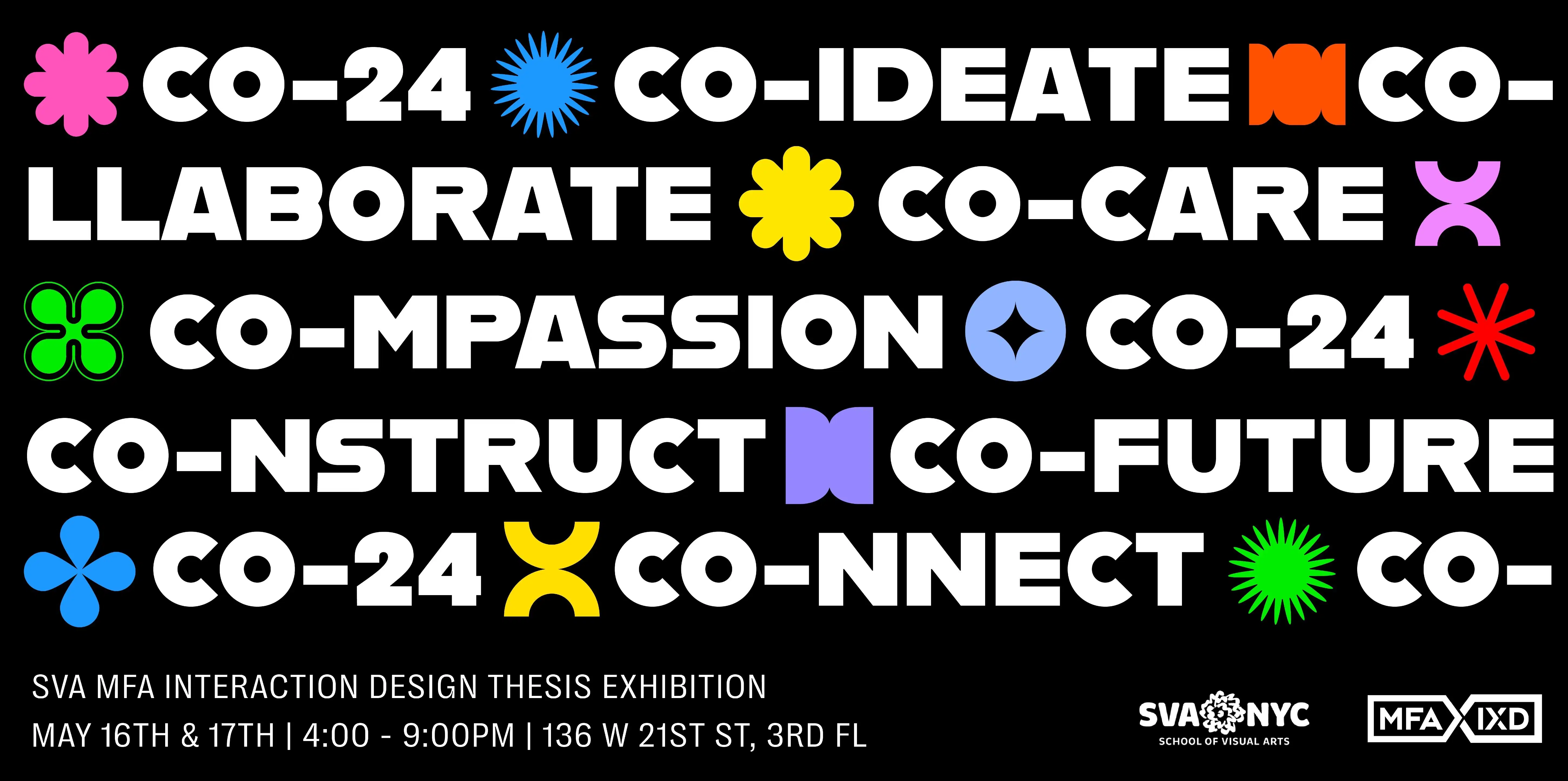 Colorful graphic. Text: Co-24. Co-ideate. Co-llaborate. Co-care. Co-mpassion. Co-24. Co-nstruct. Co-future. Co-24. Co-nnect. Co-