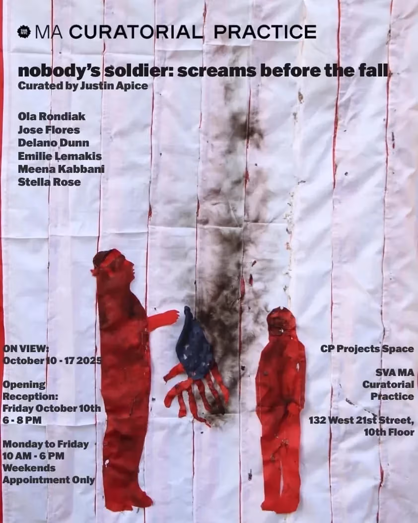 exhibition poster featuring two red figures, one holing a smoldering American flag while the other stands next to it