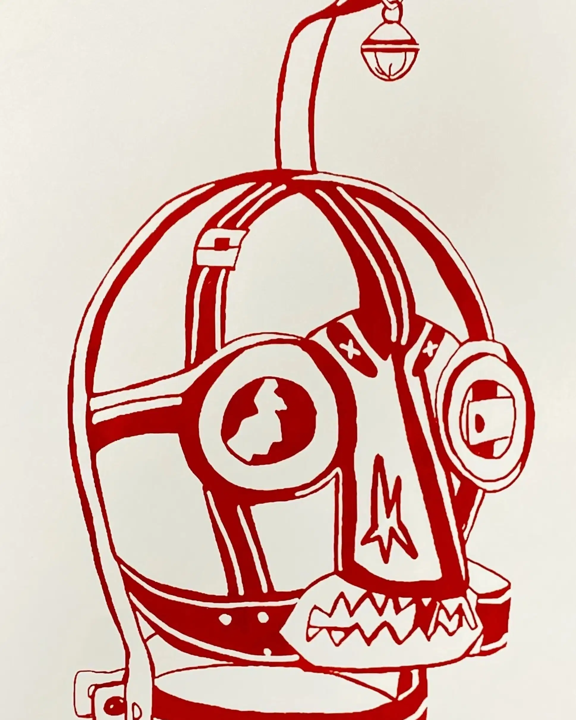 Print of a mask-like structure in red