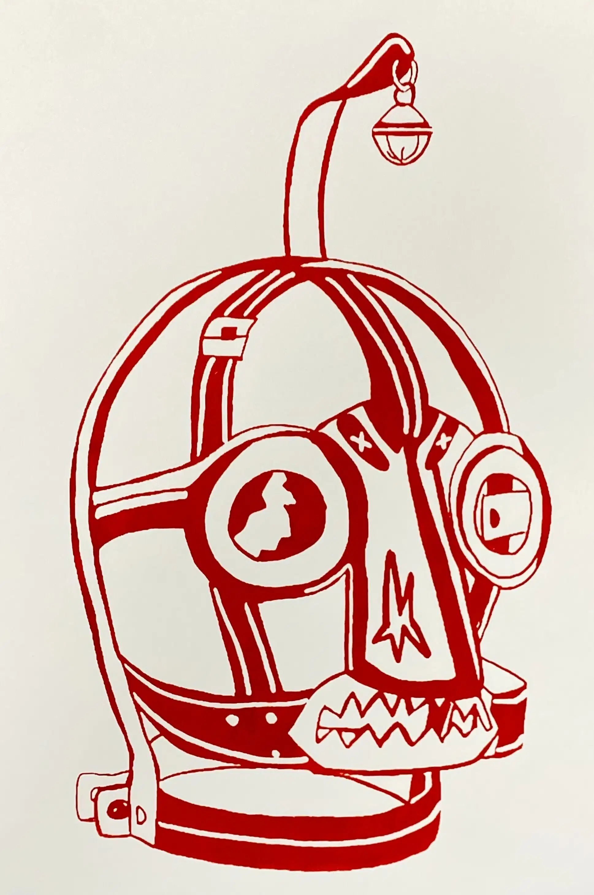 Print of a mask-like structure in red