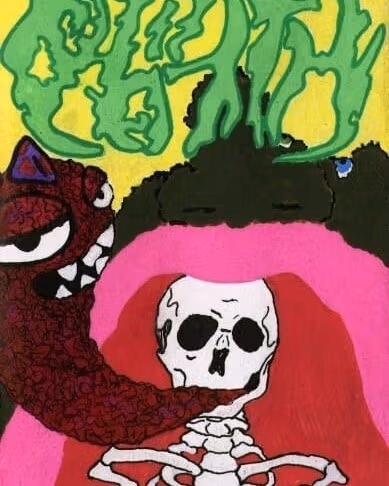 Felt image of a skeleton in a cave with a red worm monster coming out of its mouth.