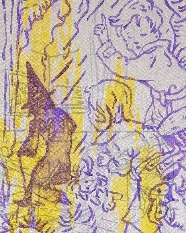 A vibrant abstract illustration in yellow and purple shows several playful, childlike figures amidst swirling lines and patterns. The scene feels whimsical and lively.