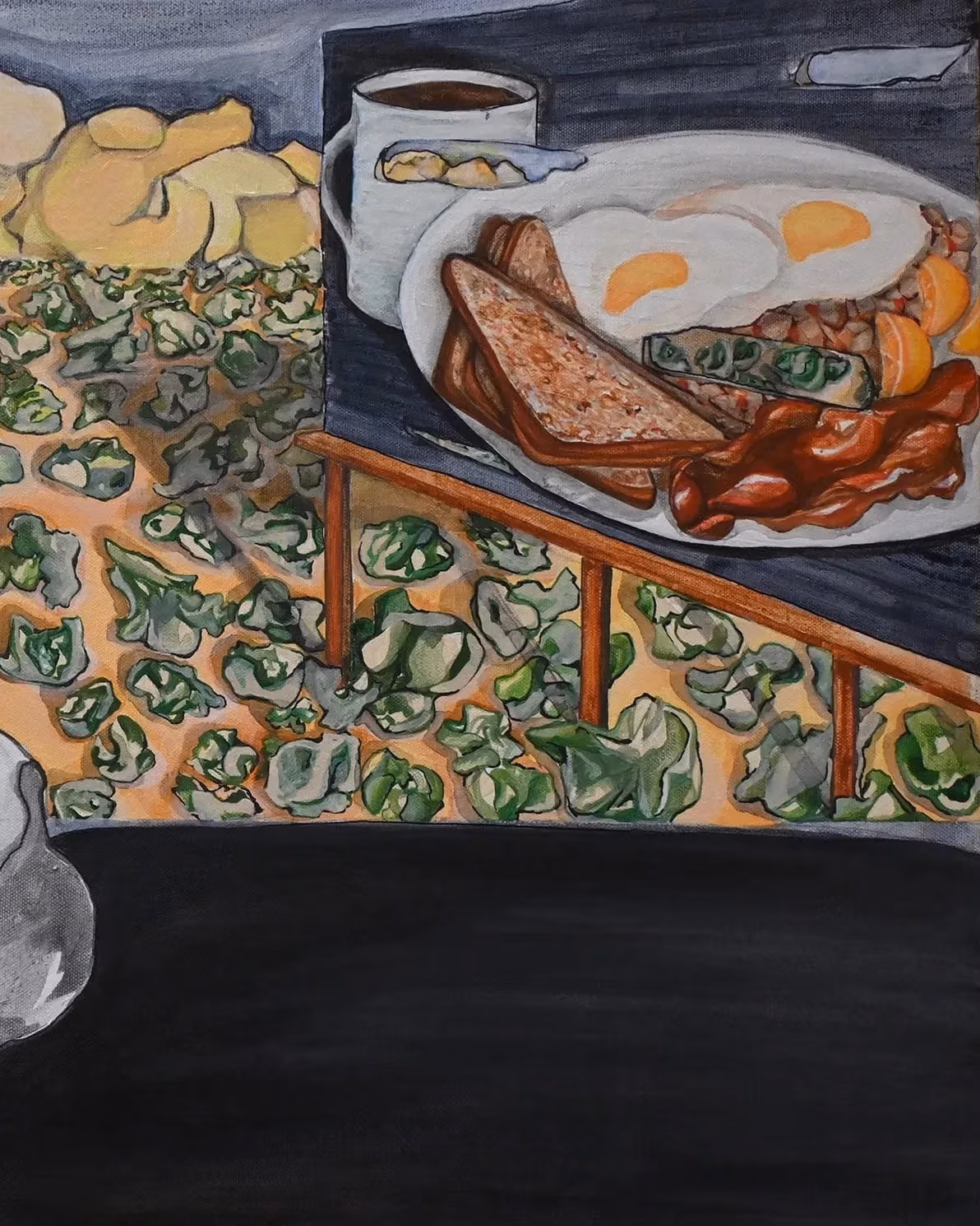 An illustrative painting of the interior of a car dashboard looking out across a Southwestern landscape. There is a large billboard with breakfast food on it to the right and a crumpled receipt sitting on the inside of the dashboard towards the left of the compositon.