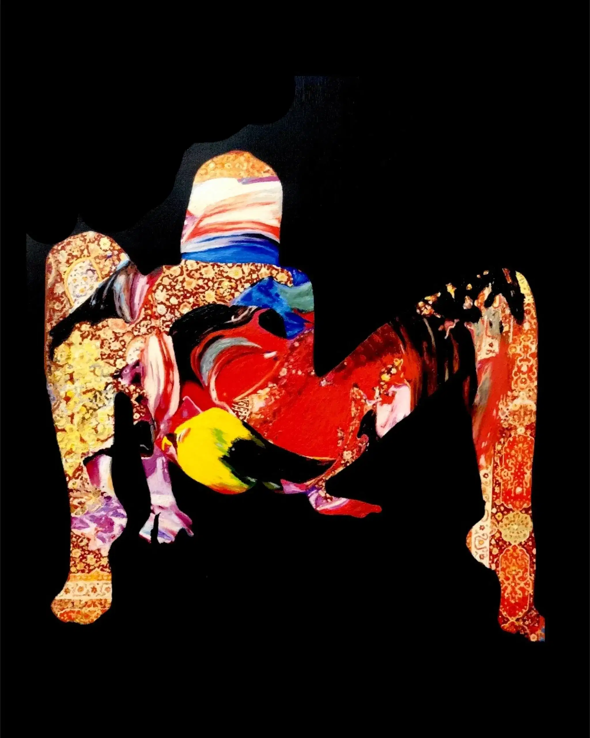 A silhouette of a person in a crouched pose against a black background, filled with colorful abstract patterns, creating a vibrant and dynamic contrast.