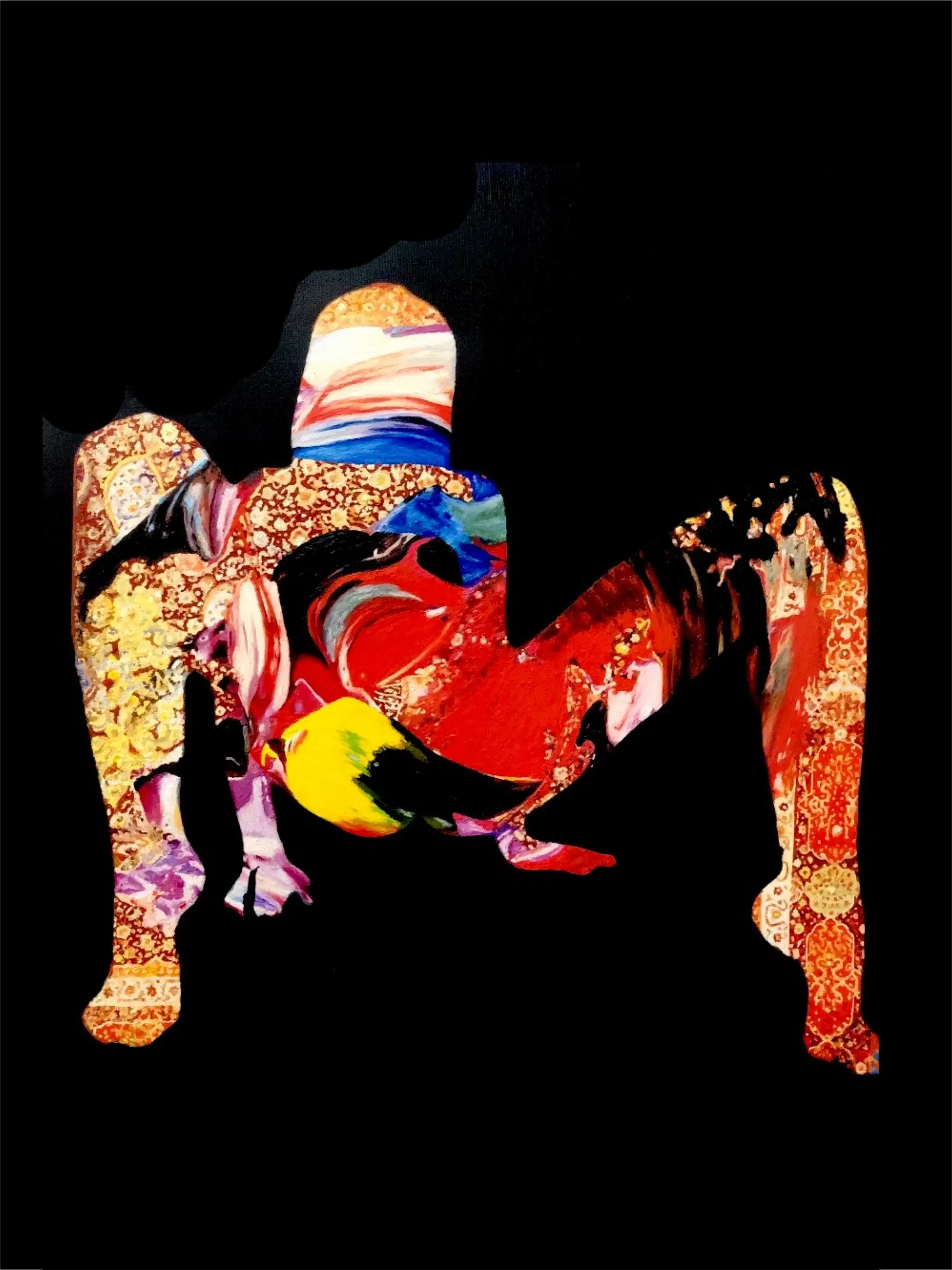 A silhouette of a person in a crouched pose against a black background, filled with colorful abstract patterns, creating a vibrant and dynamic contrast.