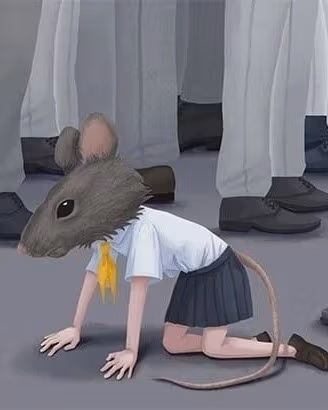  The subject of this illustration is a girl with a rat's head and tail, bent on her knees, surrounded by people wearing men’s suit pants and shoes. Use this image for both headers. 