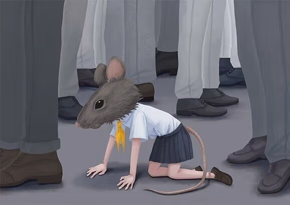  The subject of this illustration is a girl with a rat's head and tail, bent on her knees, surrounded by people wearing men’s suit pants and shoes. Use this image for both headers. 