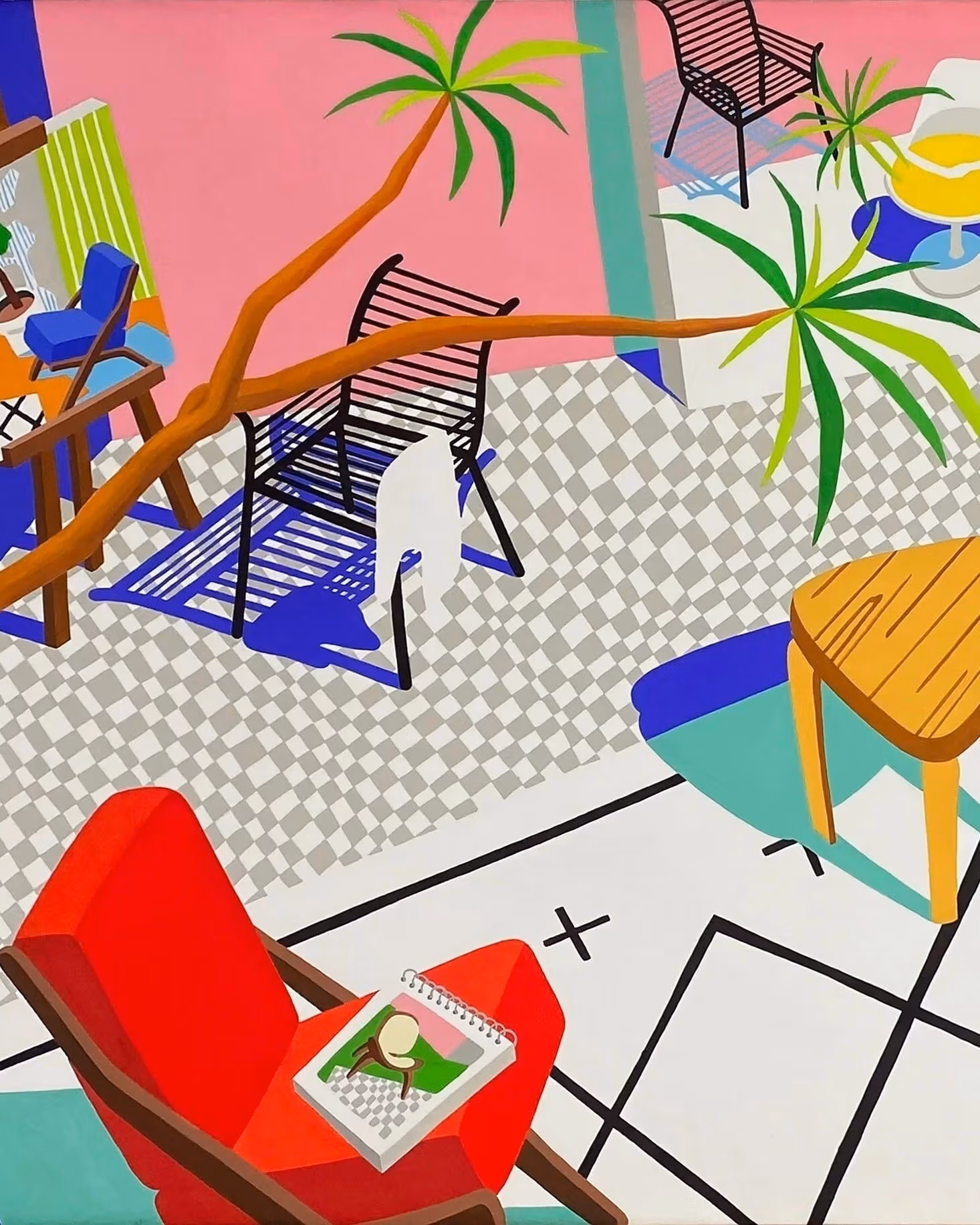 Painting of a living room with chairs and stools scattered on a rug and a checkered floor with a tree and a computer at a desk on each side.