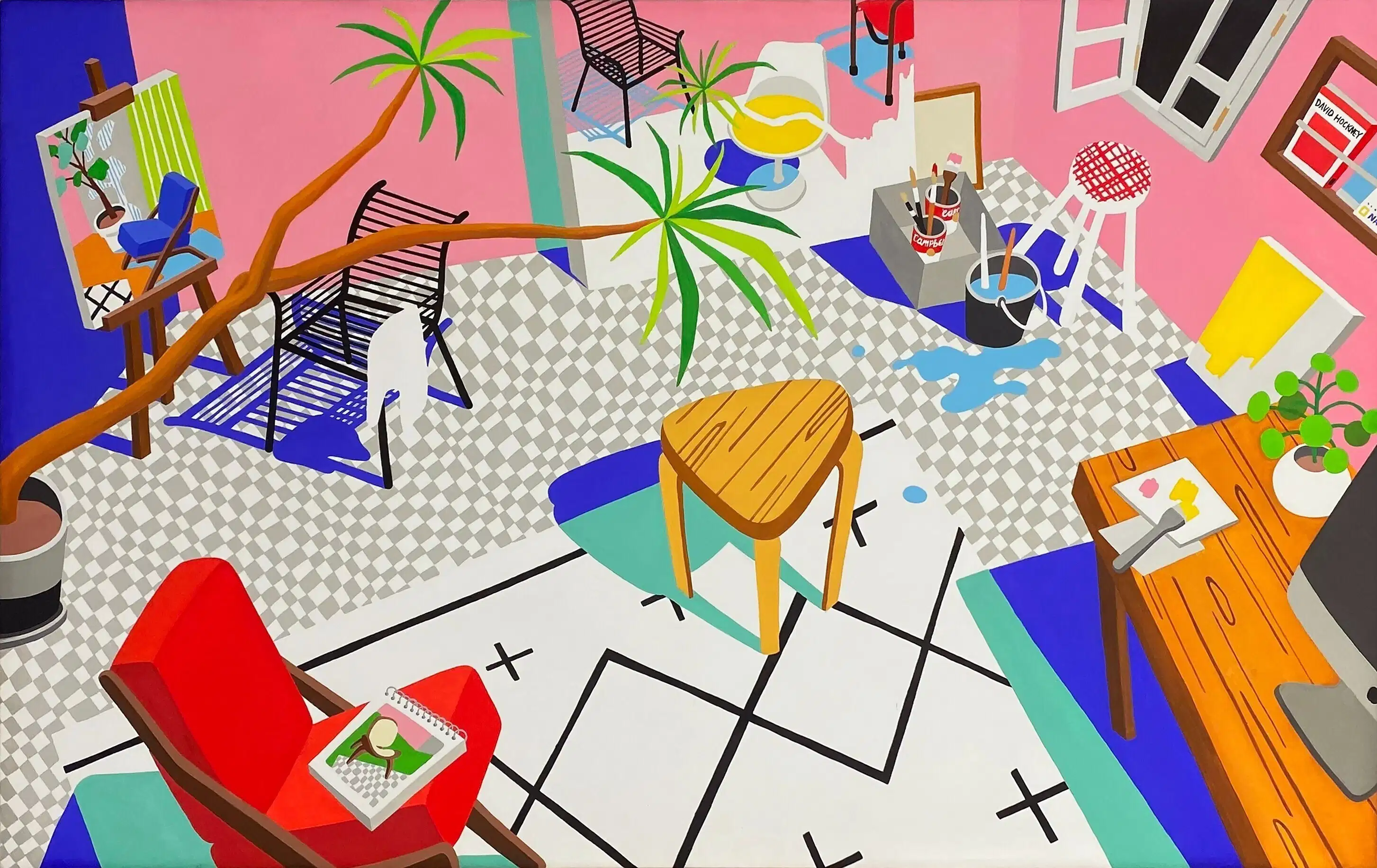 Painting of a living room with chairs and stools scattered on a rug and a checkered floor with a tree and a computer at a desk on each side.