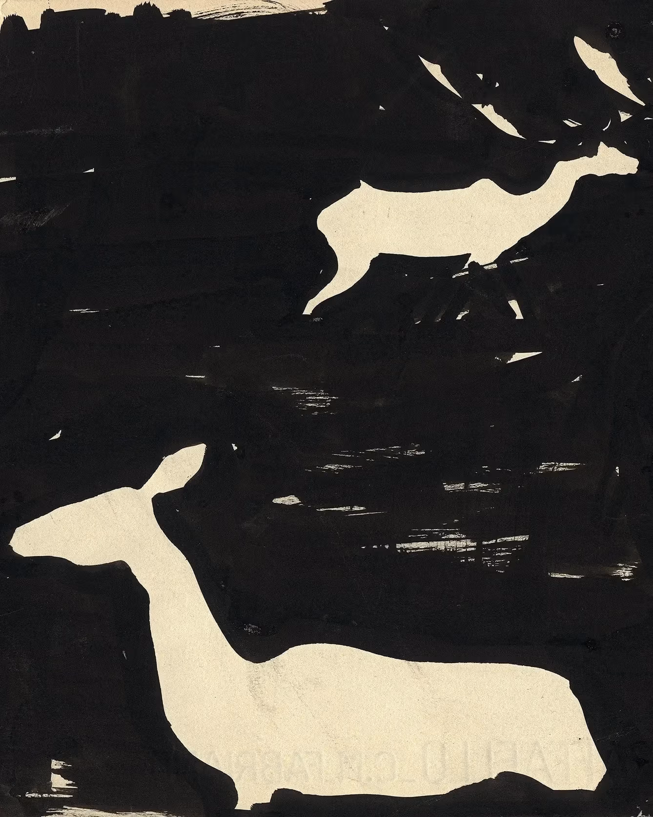 Mary Frank drawing of deer on a black background