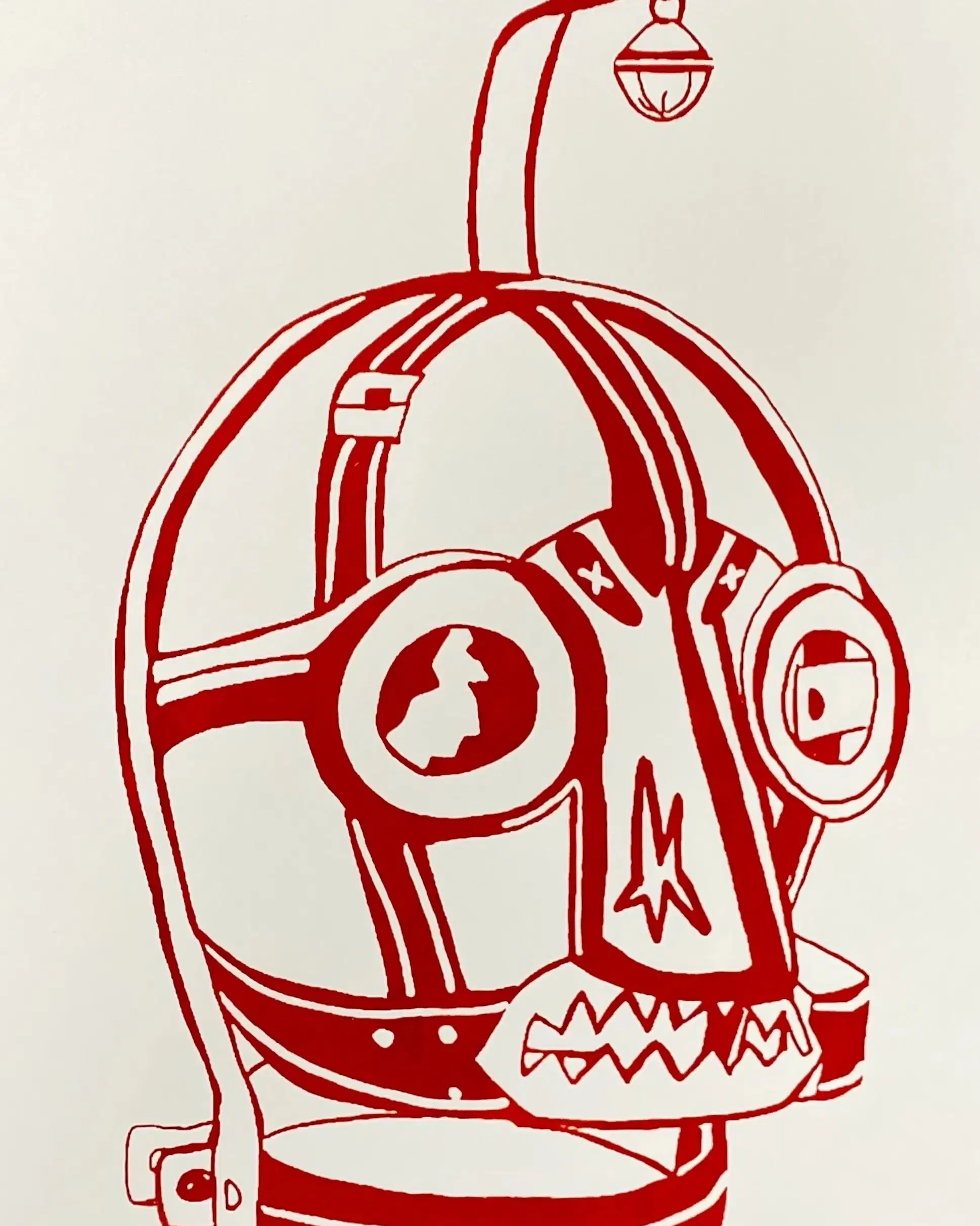 Print of a mask-like structure in red