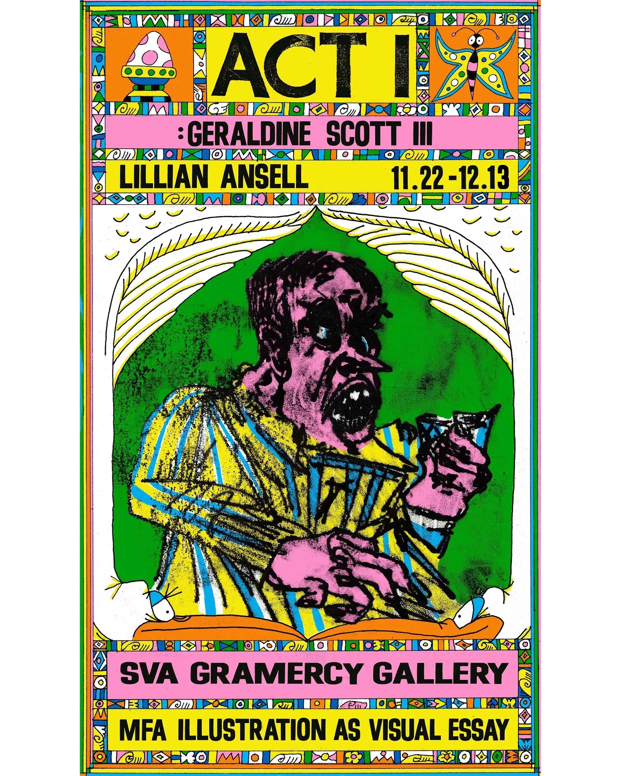 Poster for exhibition with a man in striped suit facing right holding a cigarette. Image is yellow orange pink, and green with black text announcing show. 
