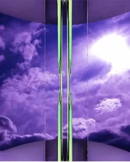 Purple-tinted clouds with vertical green "glitch"-aesthetic lines rising from the center of the video still.