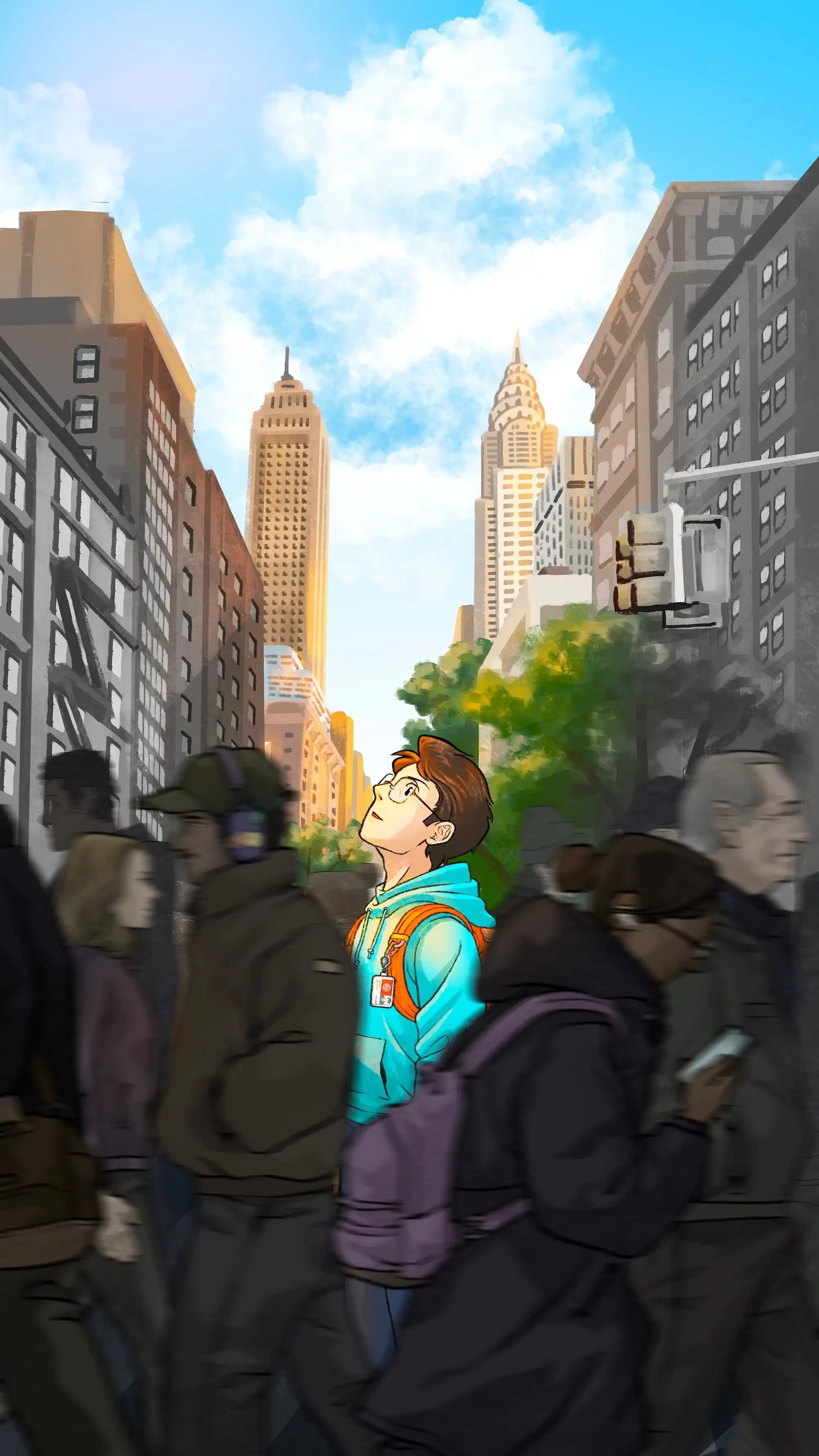 A person stands in the middle of a dark crowd where they are the only figure in color. They are looking up at a bright blue sky