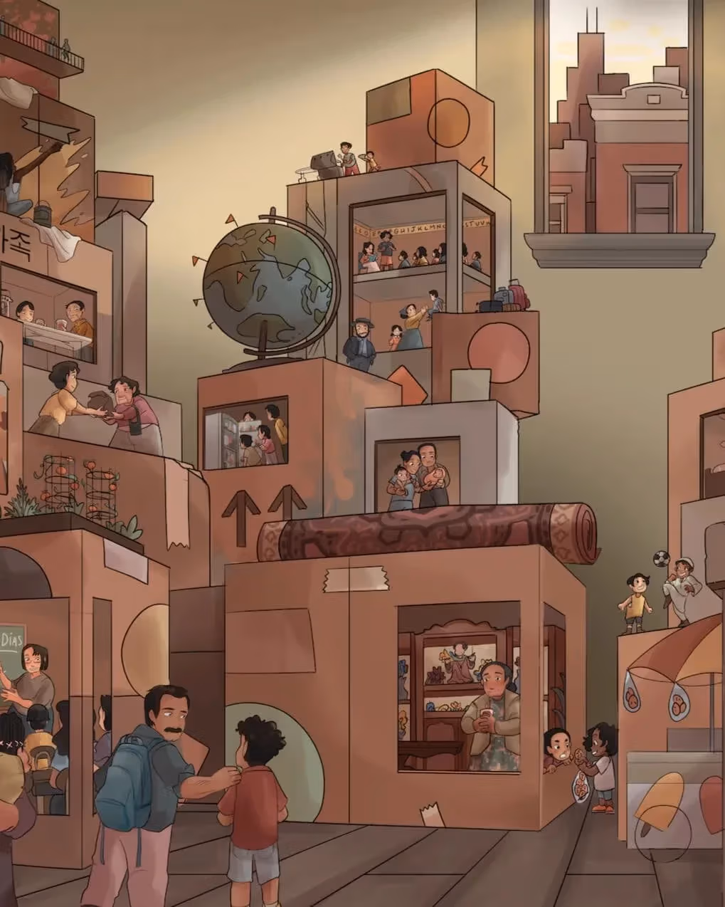 A cartoon illustration depicting a lively room filled with diverse people engaged in various activities.