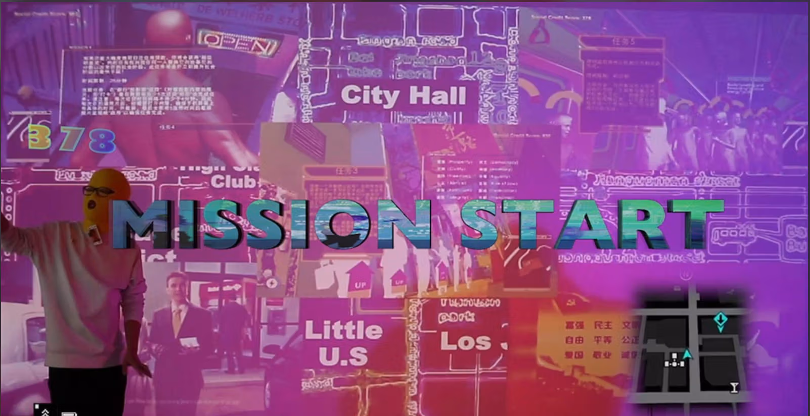Compilation of digital images in purple hue with centralized text "Mission Start"