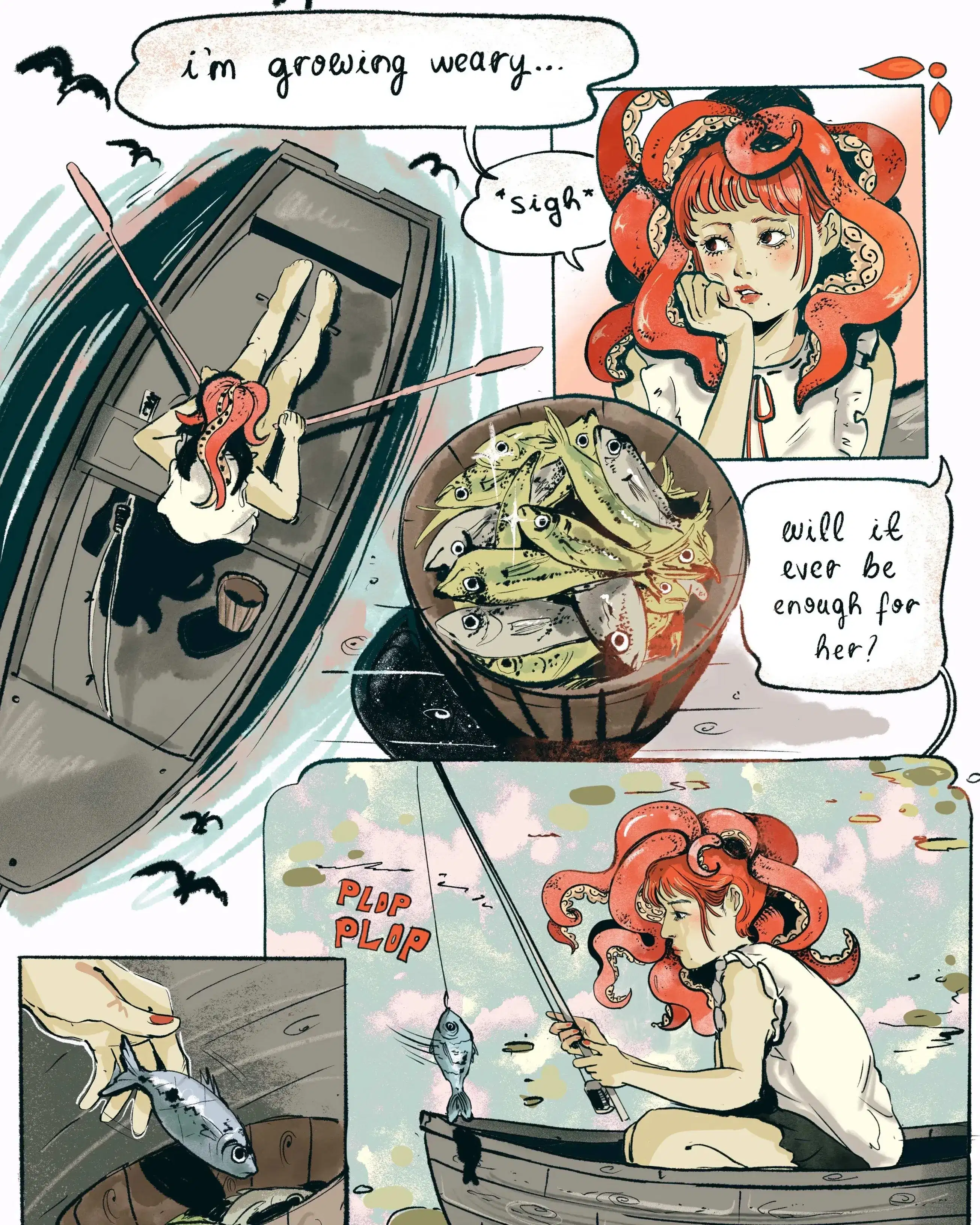 A red-haired girl fishes from a rowboat, looking tired. Her basket overflows with fish. She wonders if it's enough with a hopeful expression.