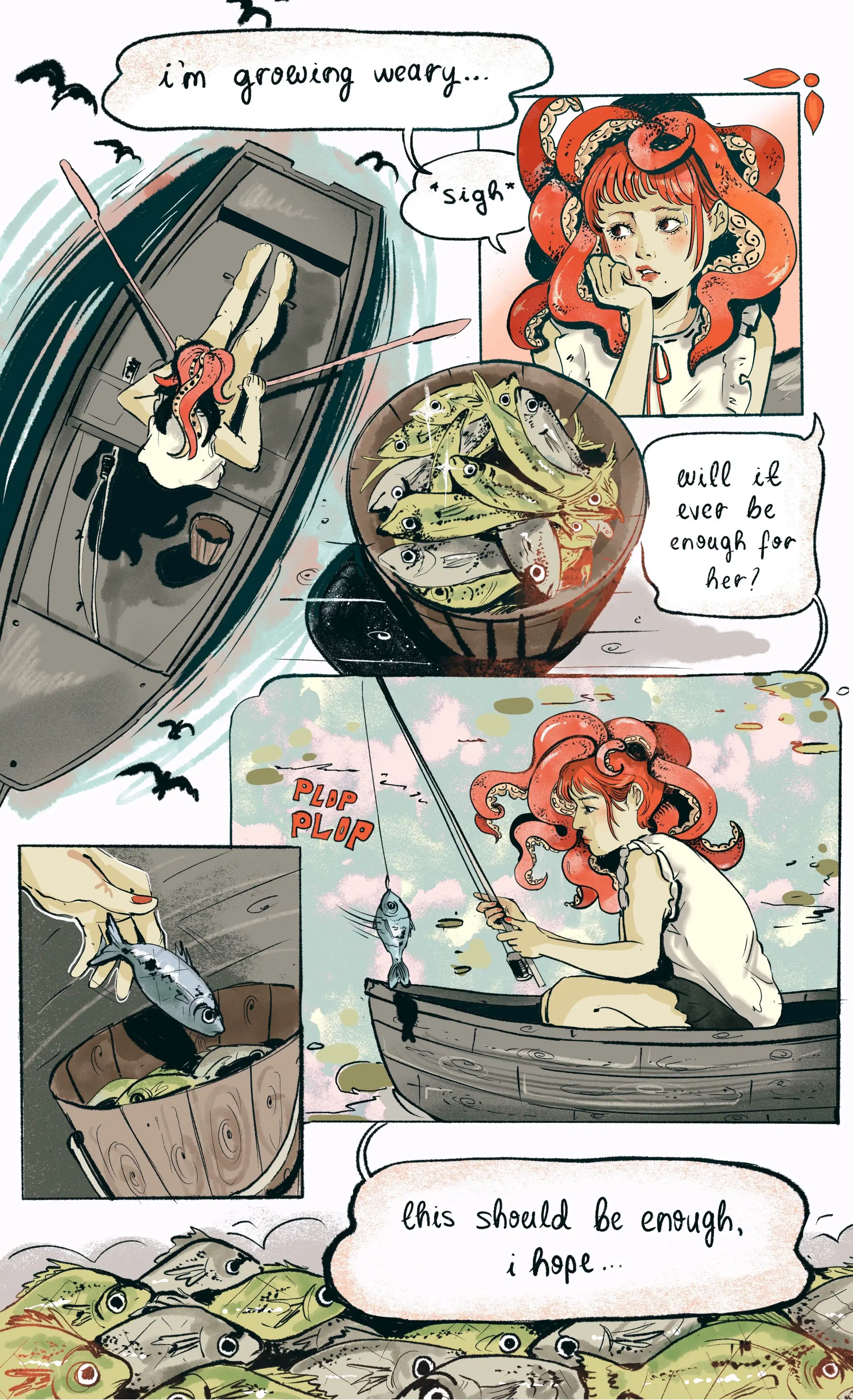 A red-haired girl fishes from a rowboat, looking tired. Her basket overflows with fish. She wonders if it's enough with a hopeful expression.