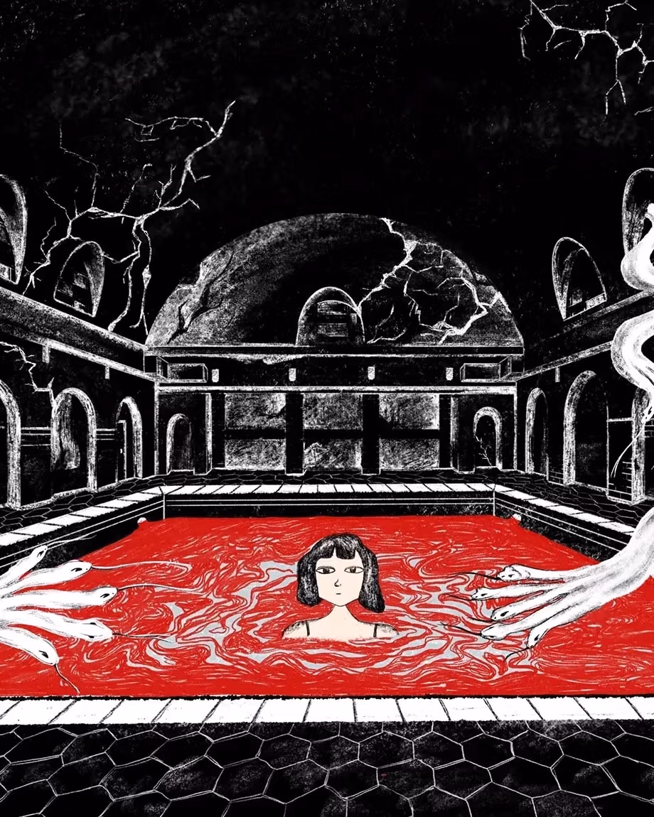 A girl sits in a pool of red while hand-like tendrils with snake-like fingers creep closer to her.