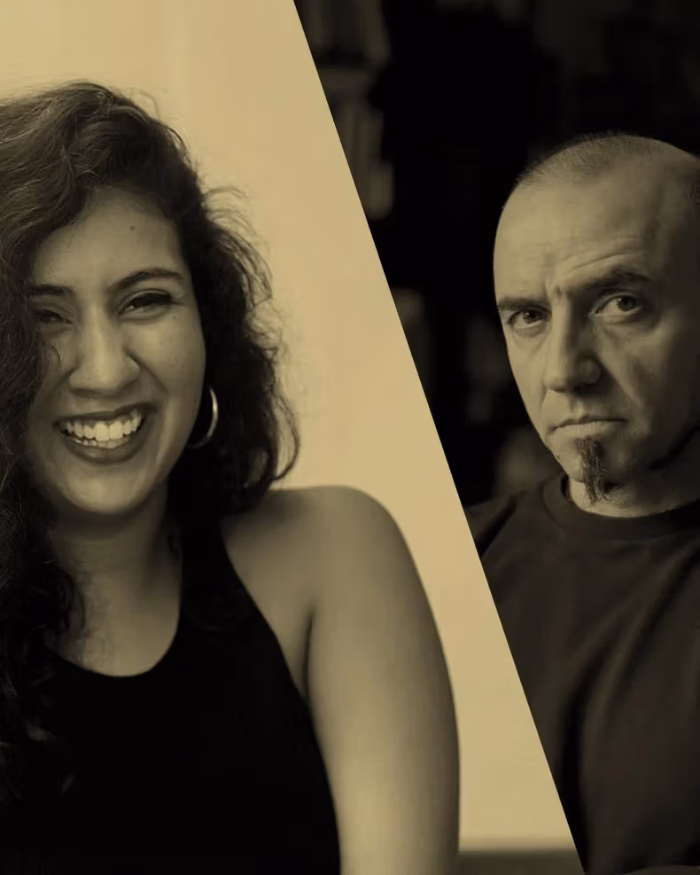 a black and white photo of a woman and a black and white photo of a man with his arms folded