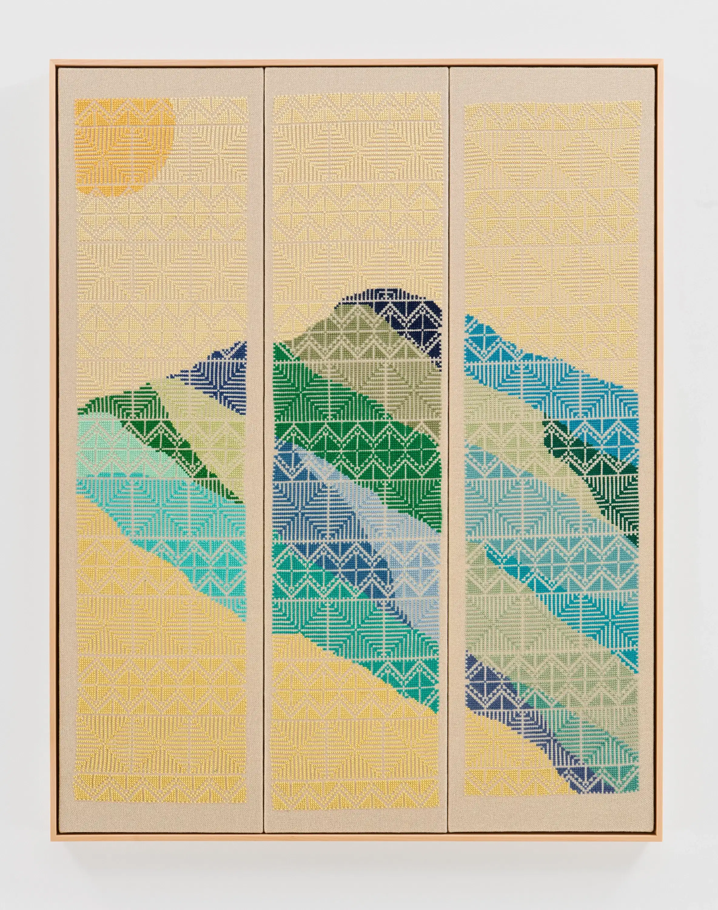 JORDAN NASSAR Birds Were Singing Freedom, 2024 Hand-embroidered cotton on cotton 35 1/2 x 28 x 1 in.