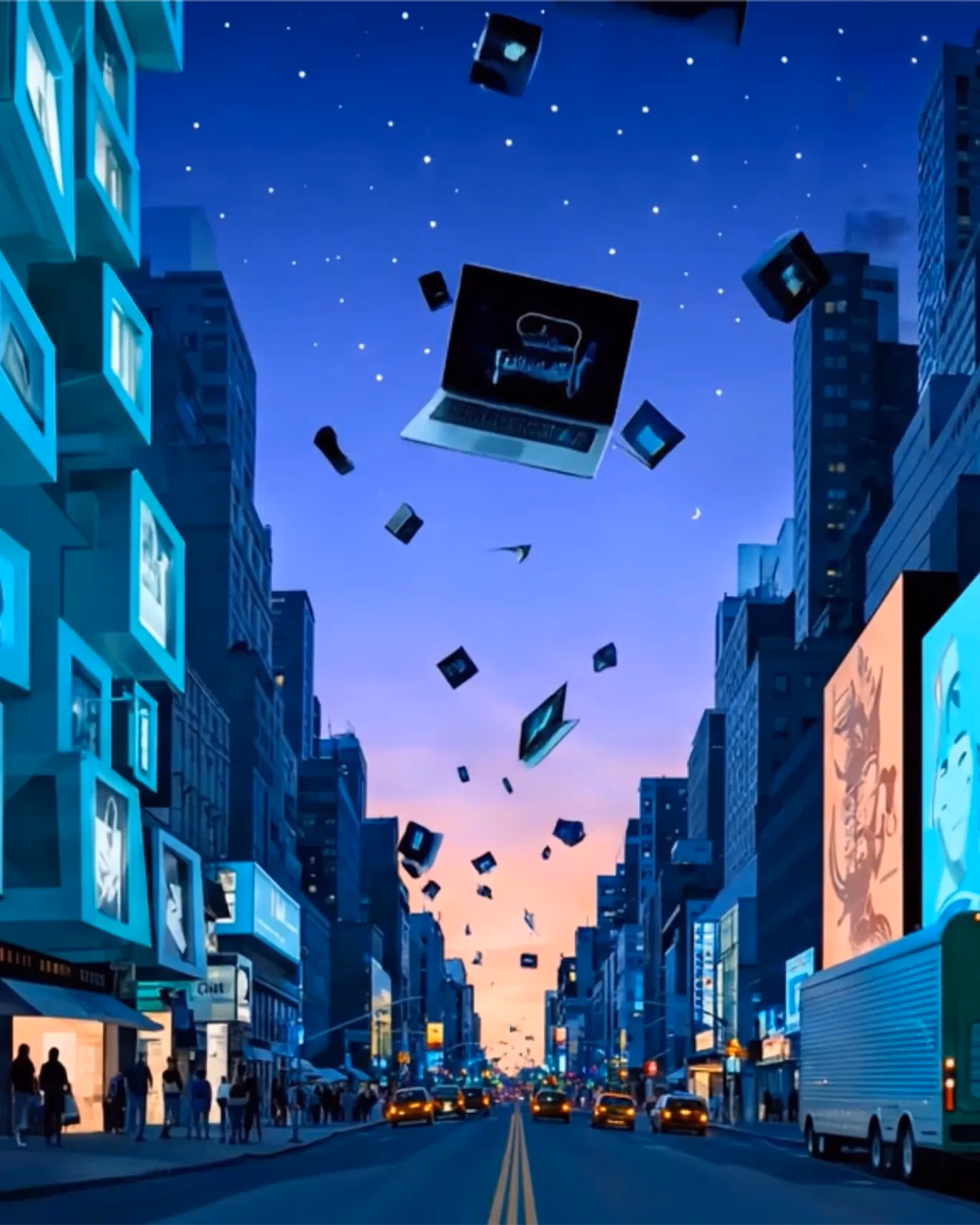 An AI generated image of a city street with floating computers in the air.
