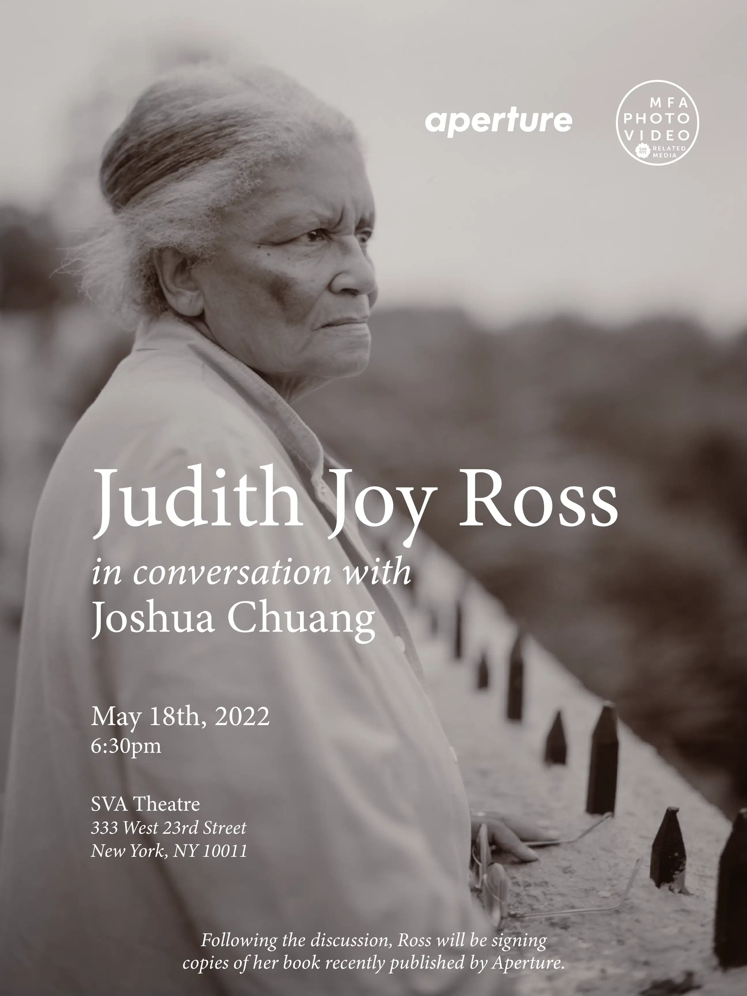 B&W sepia portrait photo of an older woman with white hair looking beyond. 