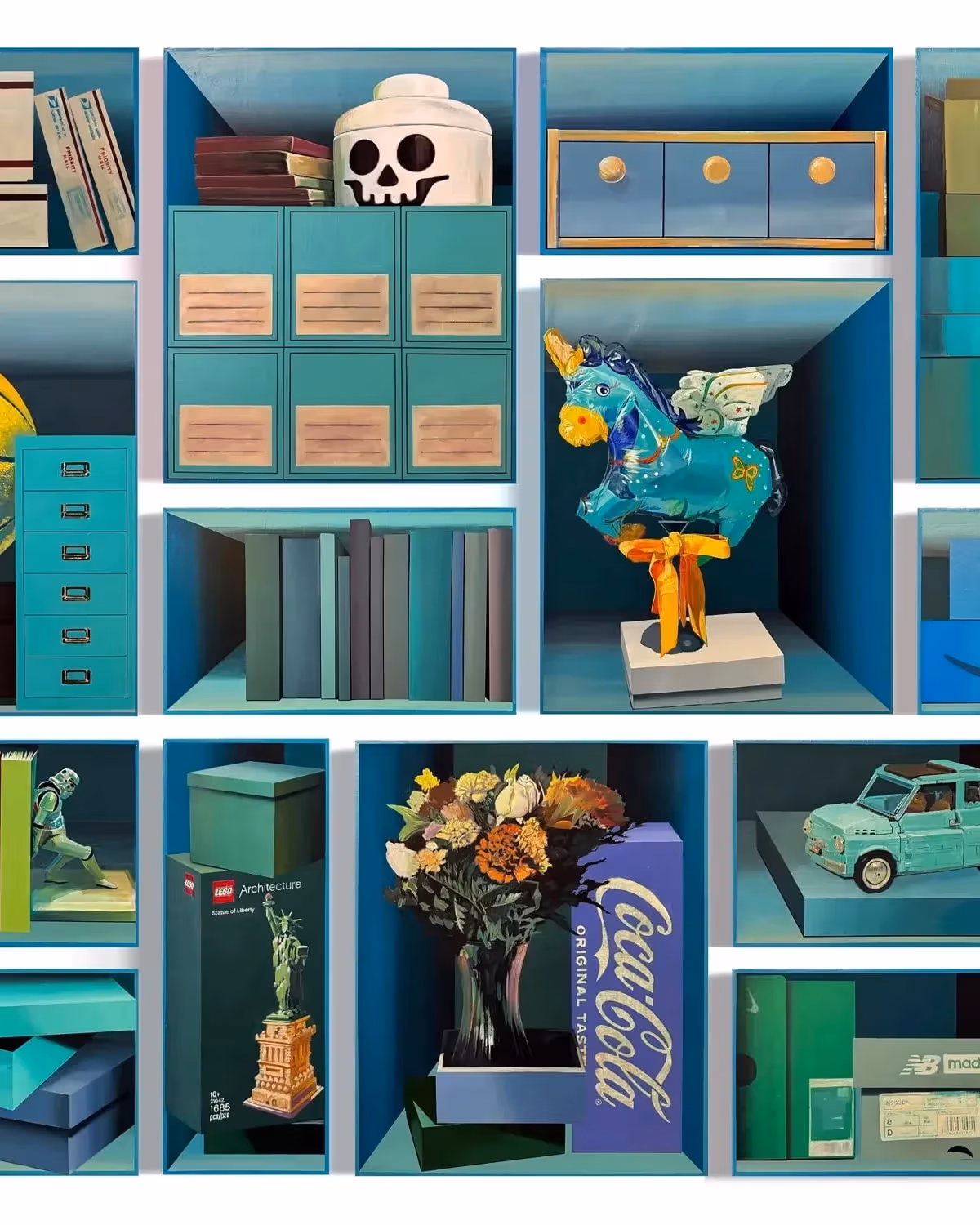 Painting of various objects on shelves. The primary color in the painting is teal.