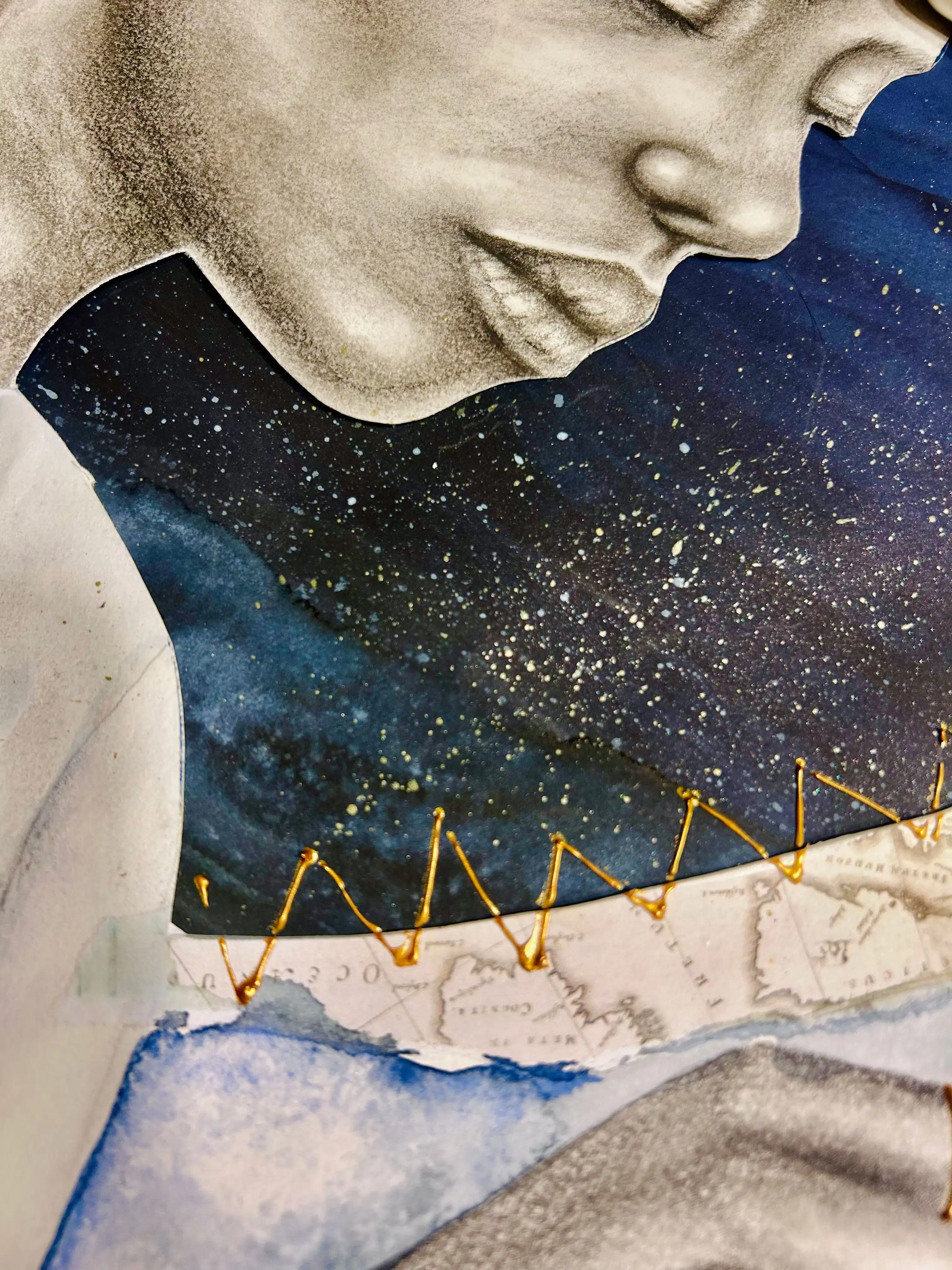 Morgan Overton, Landweavers Detail, 2026, graphite, watercolor, embroidery, archival collage, and gilded gold, 40" × 30".