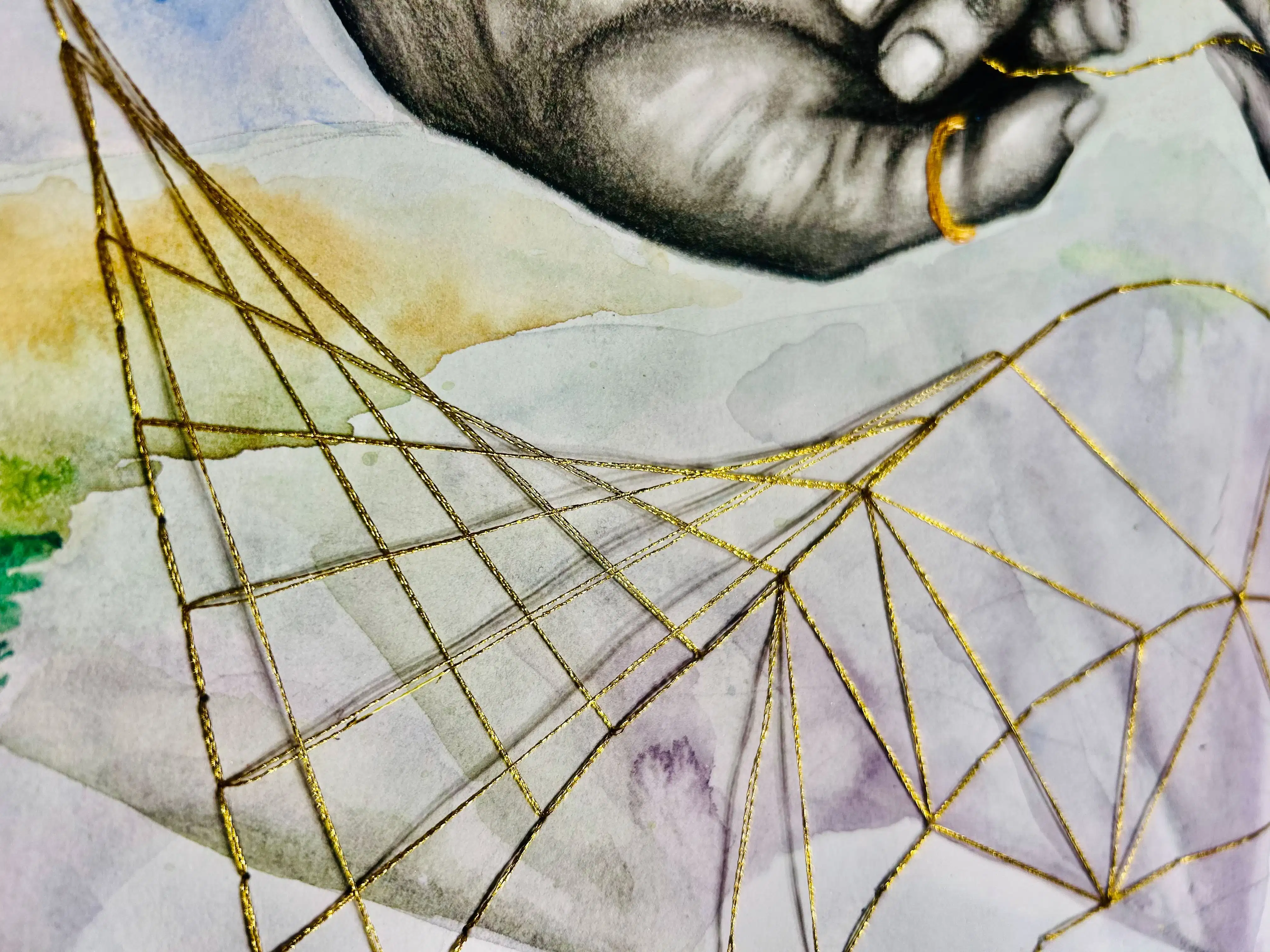 Morgan Overton, Landweavers Detail, 2026, graphite, watercolor, embroidery, archival collage, and gilded gold, 40" × 30".