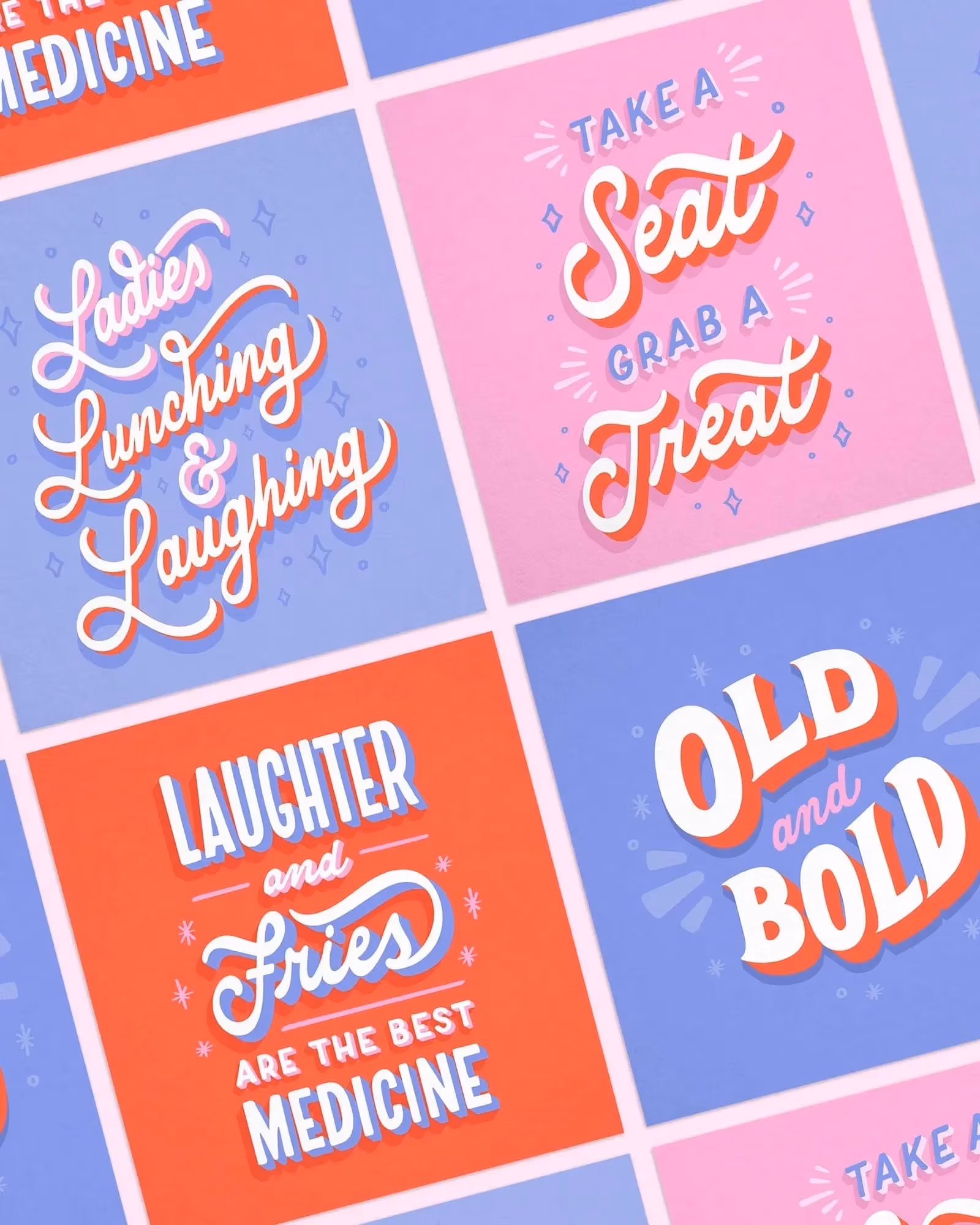 A pink, purple and red posters with different slogans on it such as "Ladies Lunching and Laughing," "Laughter and Fries are the Best Medicine," and more.